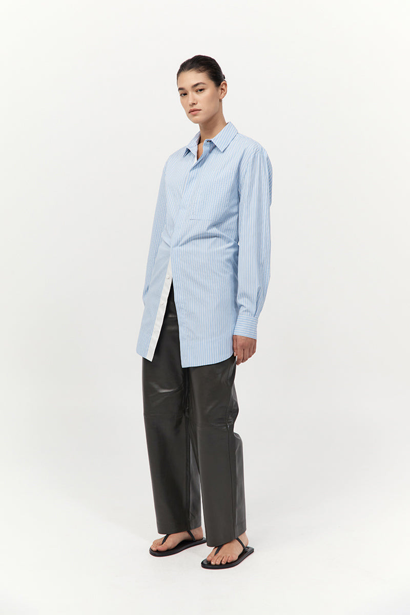 Drawstring Mini Shirt Dress - Pale Blue Stripe - 4