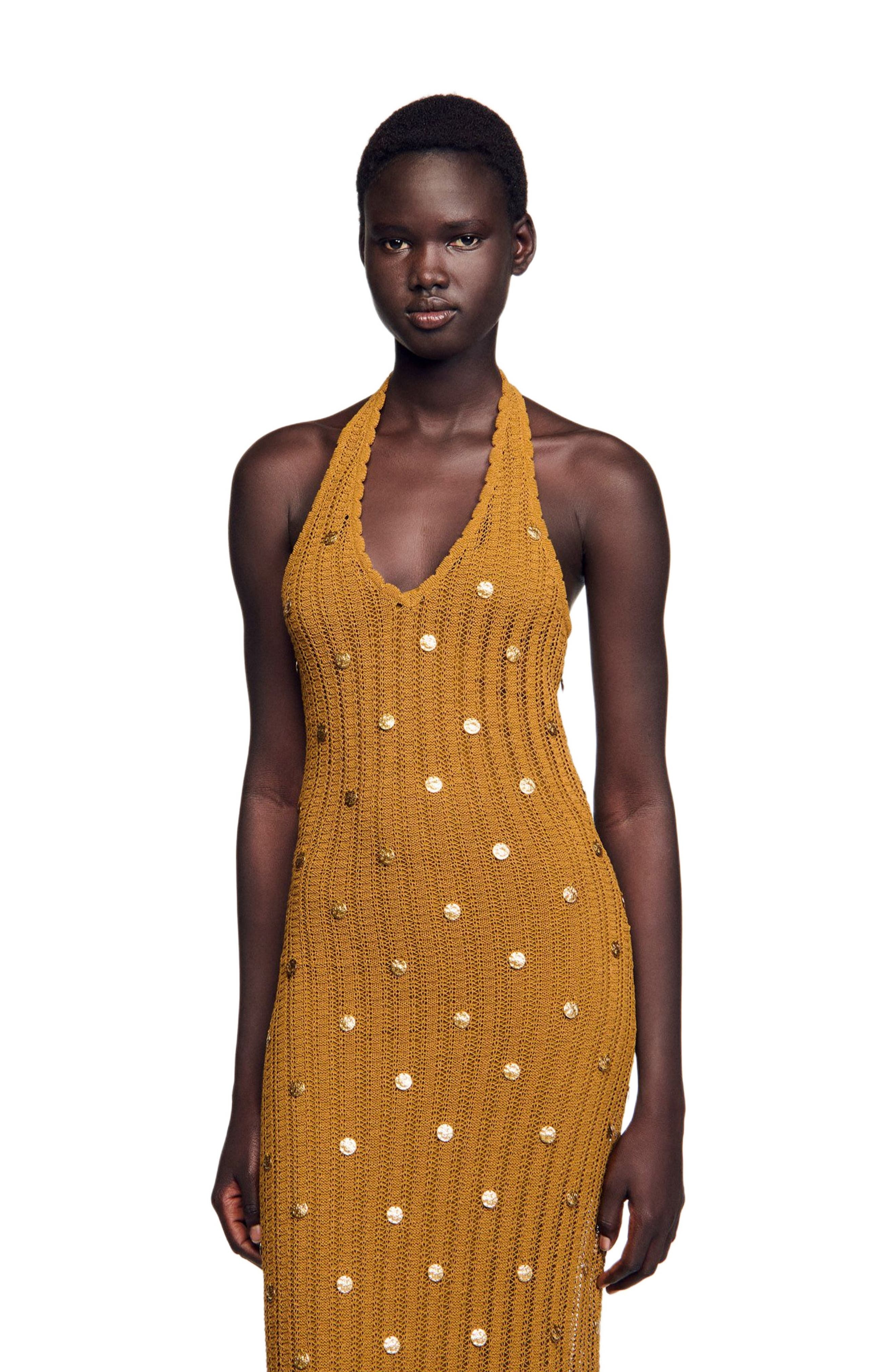 SANDRO Long knit dress with fringes in Olive at Nordstrom - 3