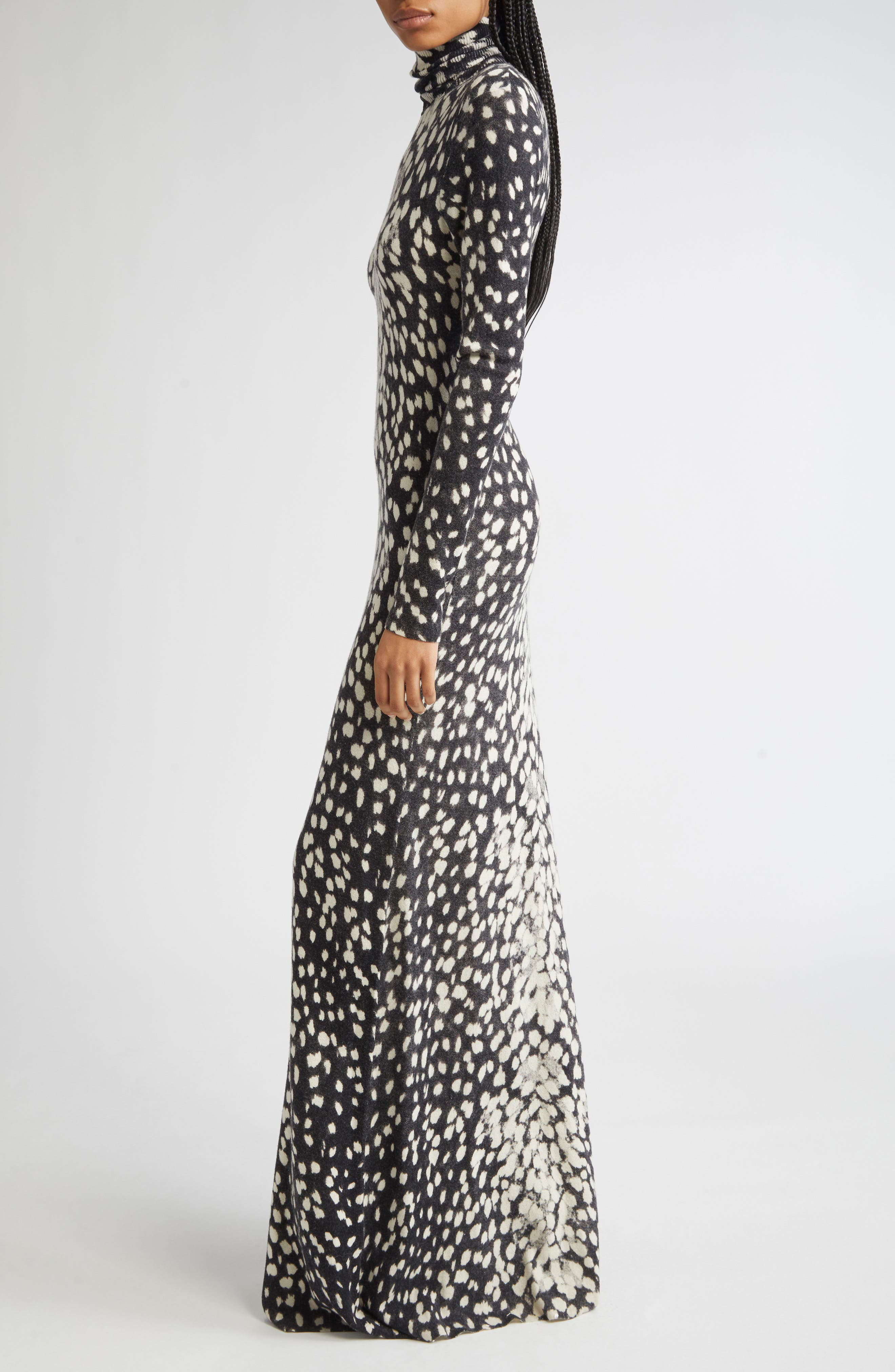 Brandon Maxwell The Camille Hand-Printed Long Sleeve Cashmere Turtleneck Sweater Dress in Snow Leopa - 3