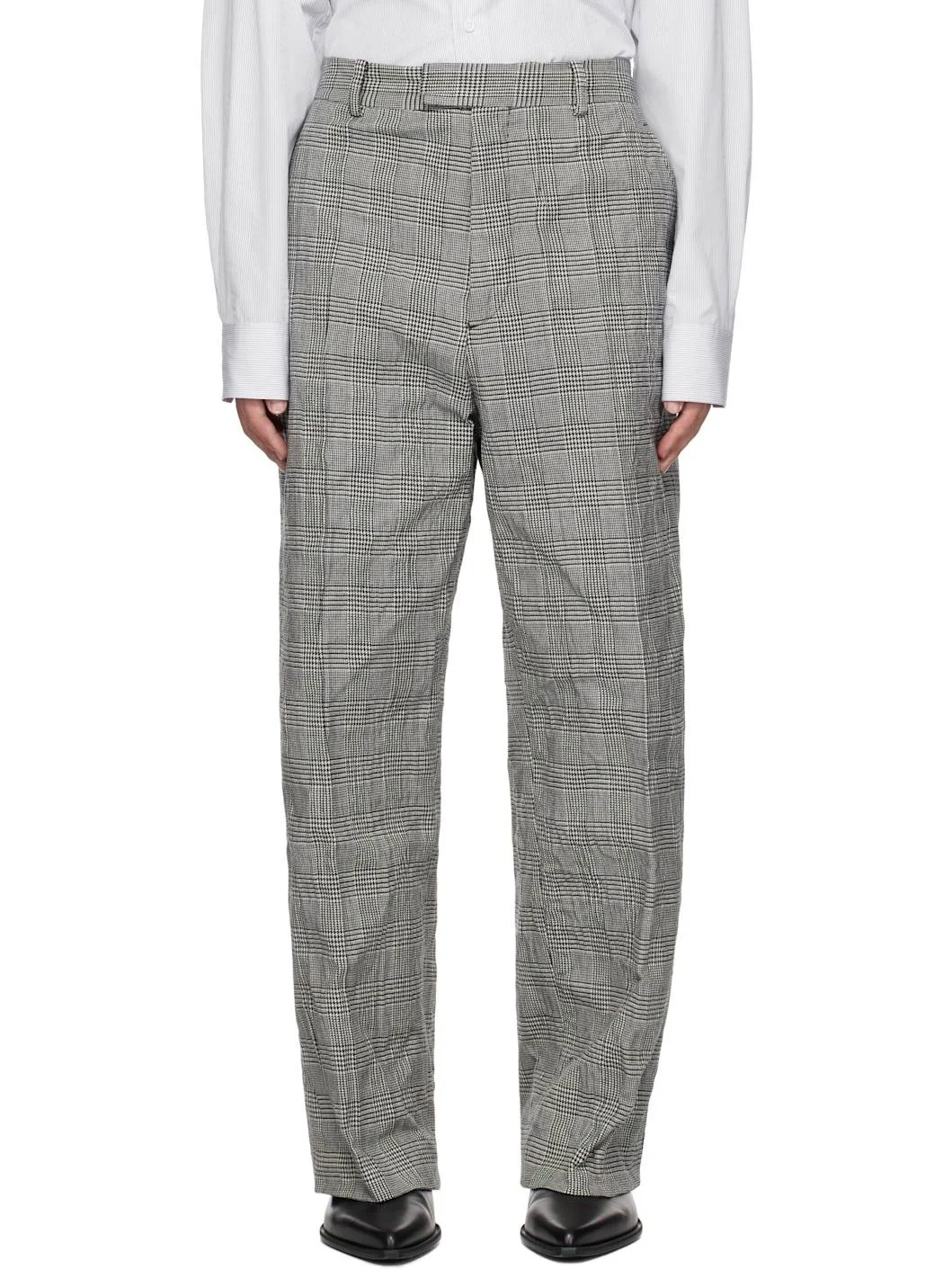 White & Black Metalized Wrinkled Tailored Trousers - 1