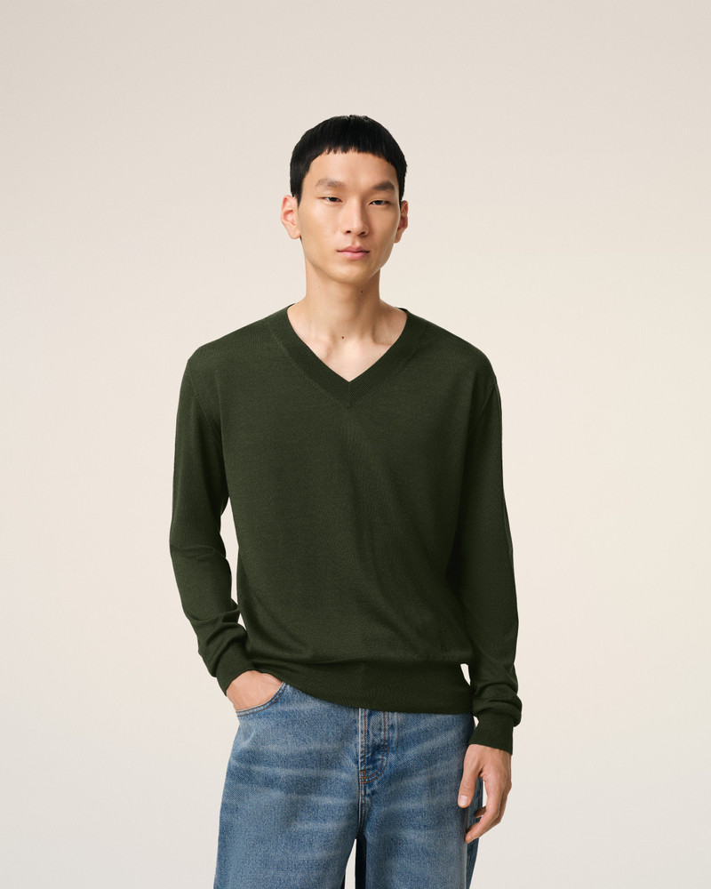 GREEN WOOL TONAL V NECK SWEATER 3