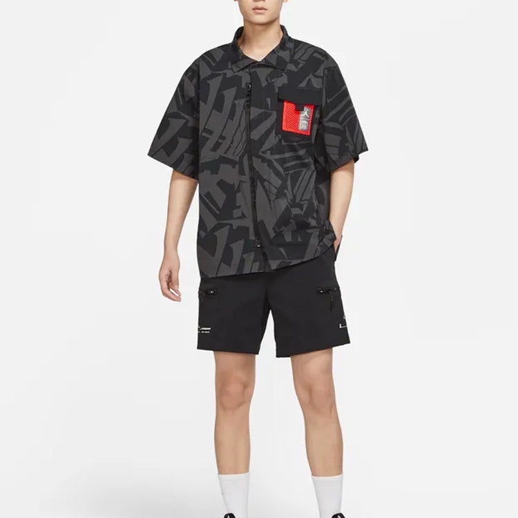 Men's Air Jordan Logo Full Print Chest Zipper Cardigan Short Sleeve Black Shirt DM3109-010 - 6