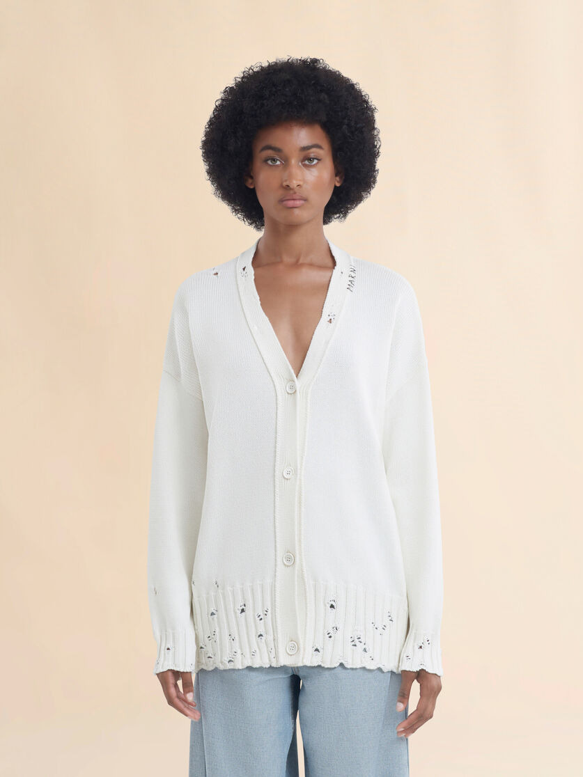 WHITE DISHEVELLED COTTON CARDIGAN WITH MARNI MENDING LOGO - 2