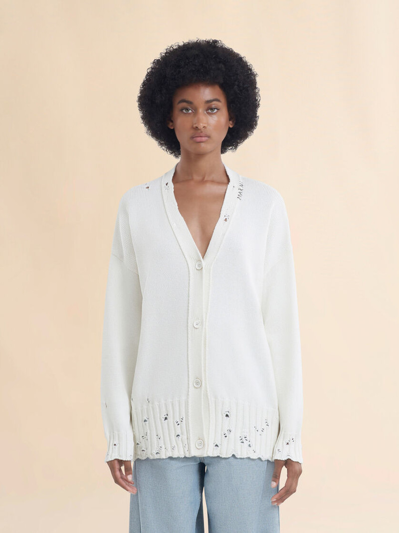 Marni WHITE DISHEVELLED COTTON CARDIGAN WITH MARNI MENDING LOGO outlook