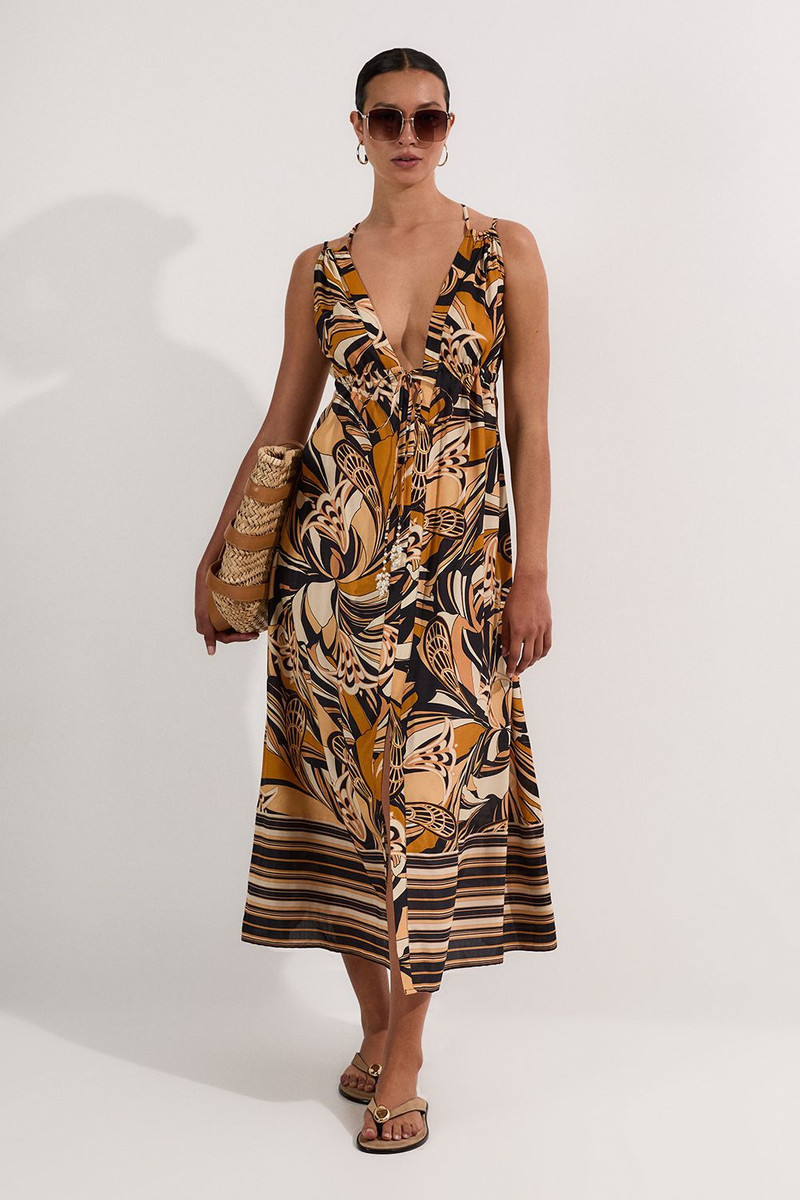 Beach Border Print Spun Viscose Strappy Maxi Dress 1