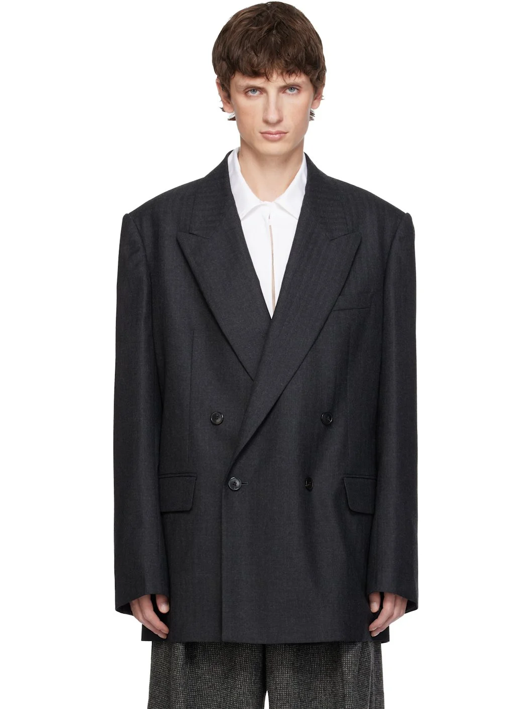 Gray Herringbone Wool Blazer - 1