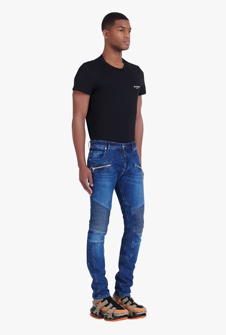 Slim cut ridged blue raw cotton jeans - 7