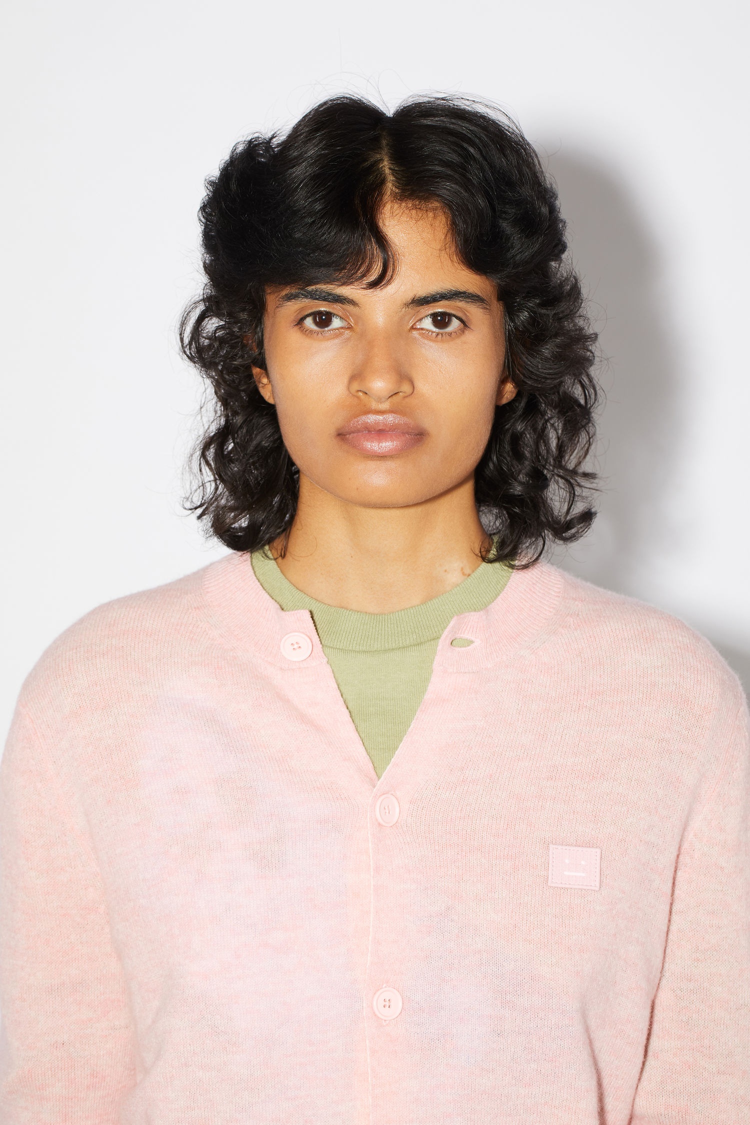 Wool crew neck cardigan - Faded pink melange - 5