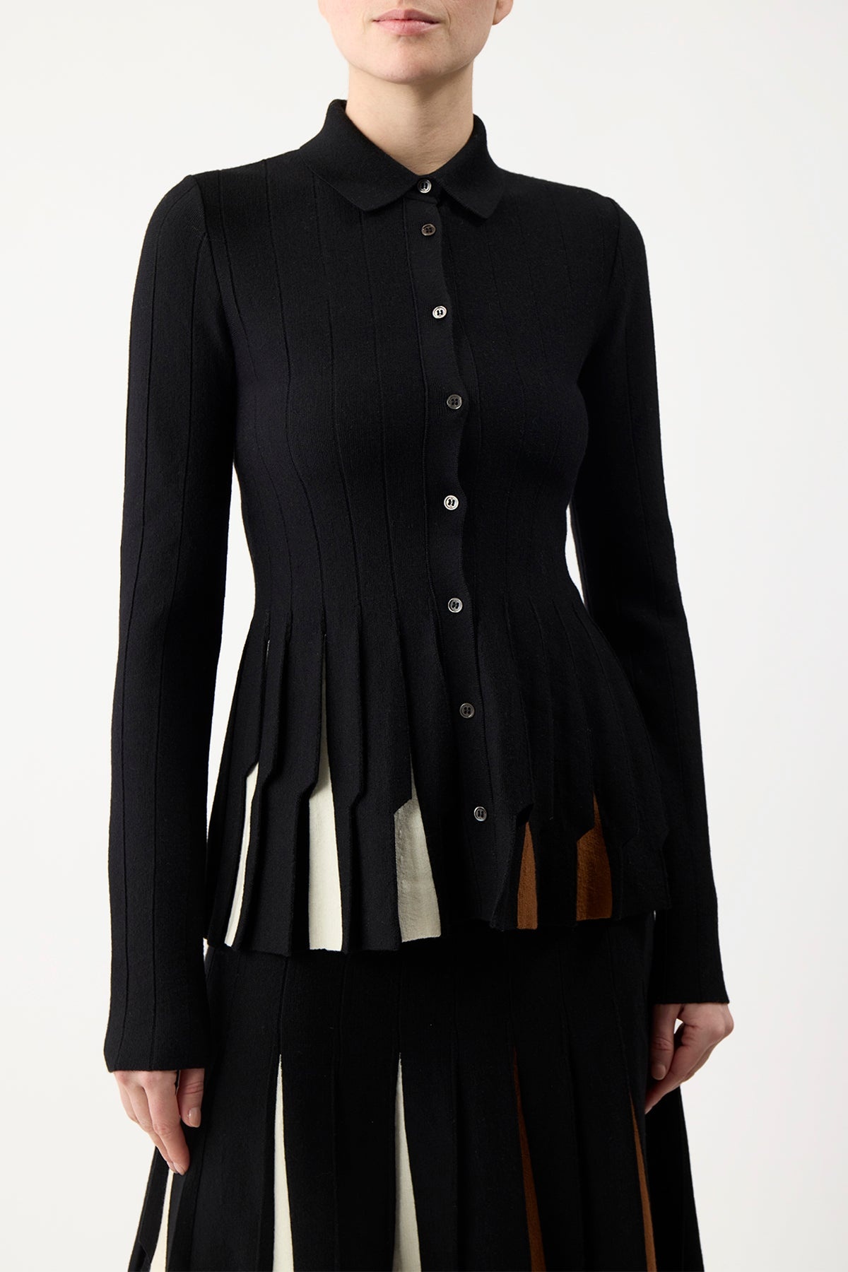 Octavia Pleated Top in Black Multi Merino Wool - 6