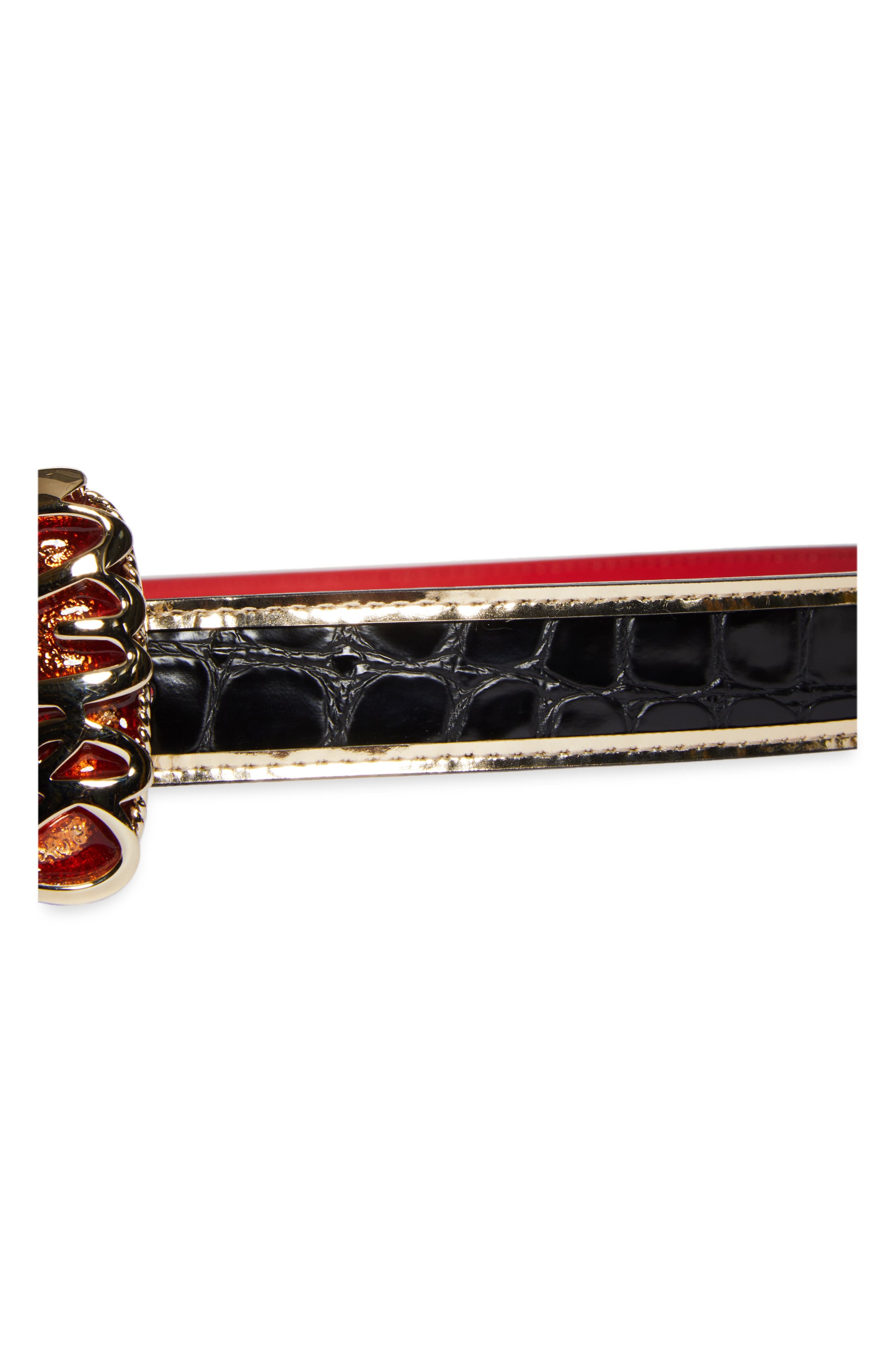 Christian Louboutin Giddy Croc Embossed Leather Skinny Belt in Black/Gold/Elvis at Nordstrom - 2