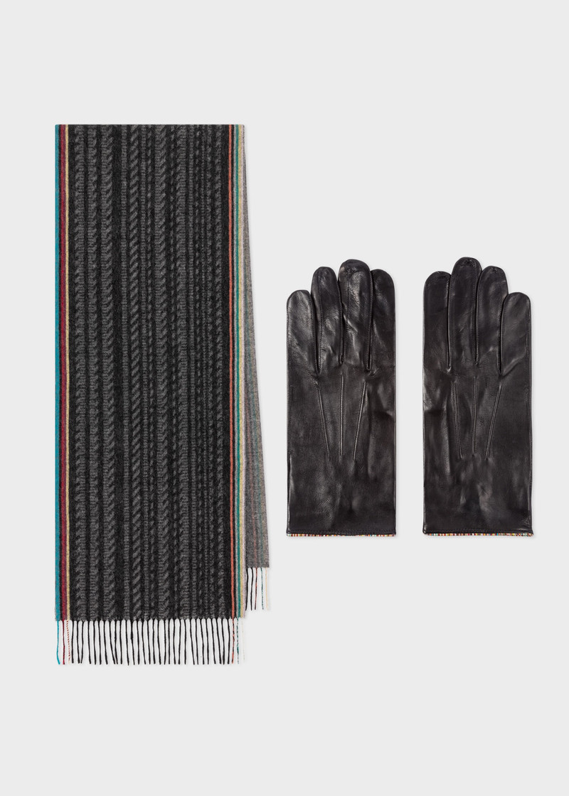 'Signature Stripe' Trim Leather Gloves & Wool Scarf Gift Set 1