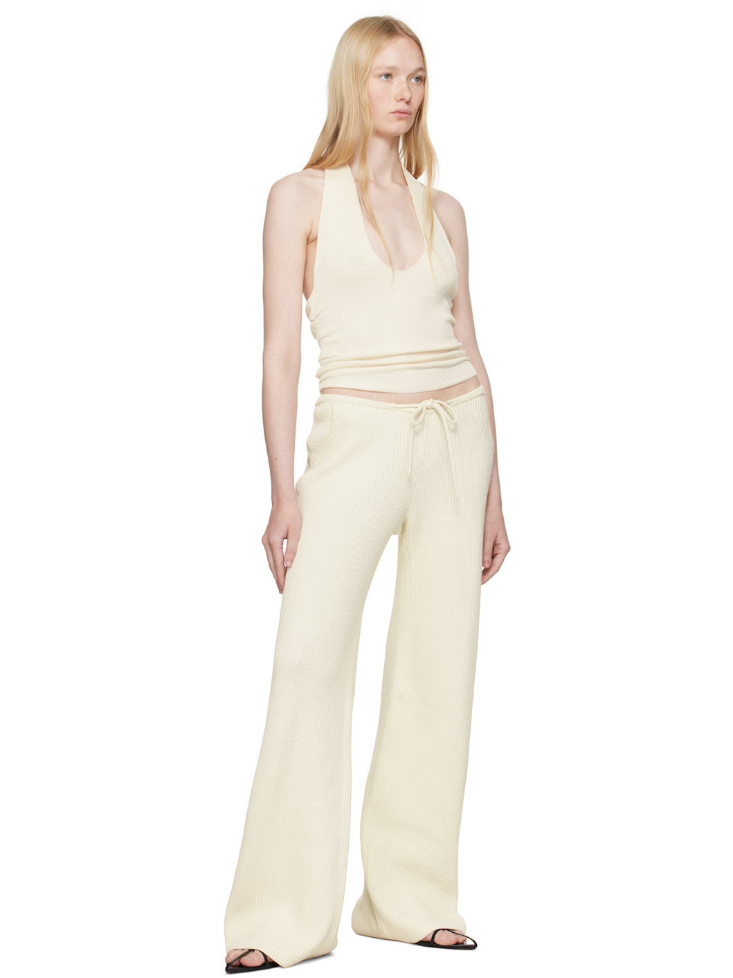 Beige Knit Drawstring Trousers - 4