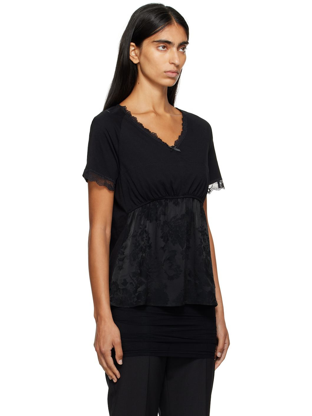 Black Cotton Jersey & Lace T-shirt - 2