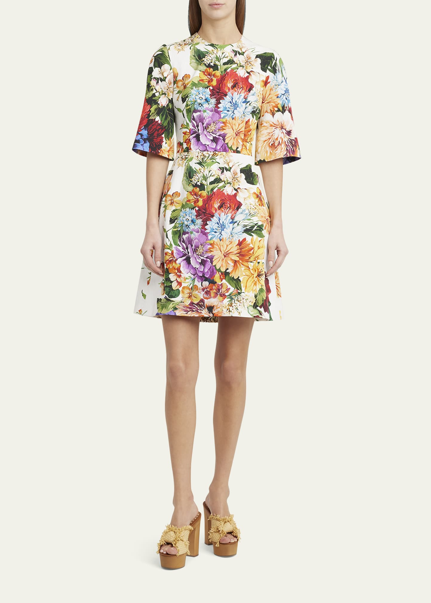 Floral Bouquet Short-Sleeve Creton Mini Dress - 2