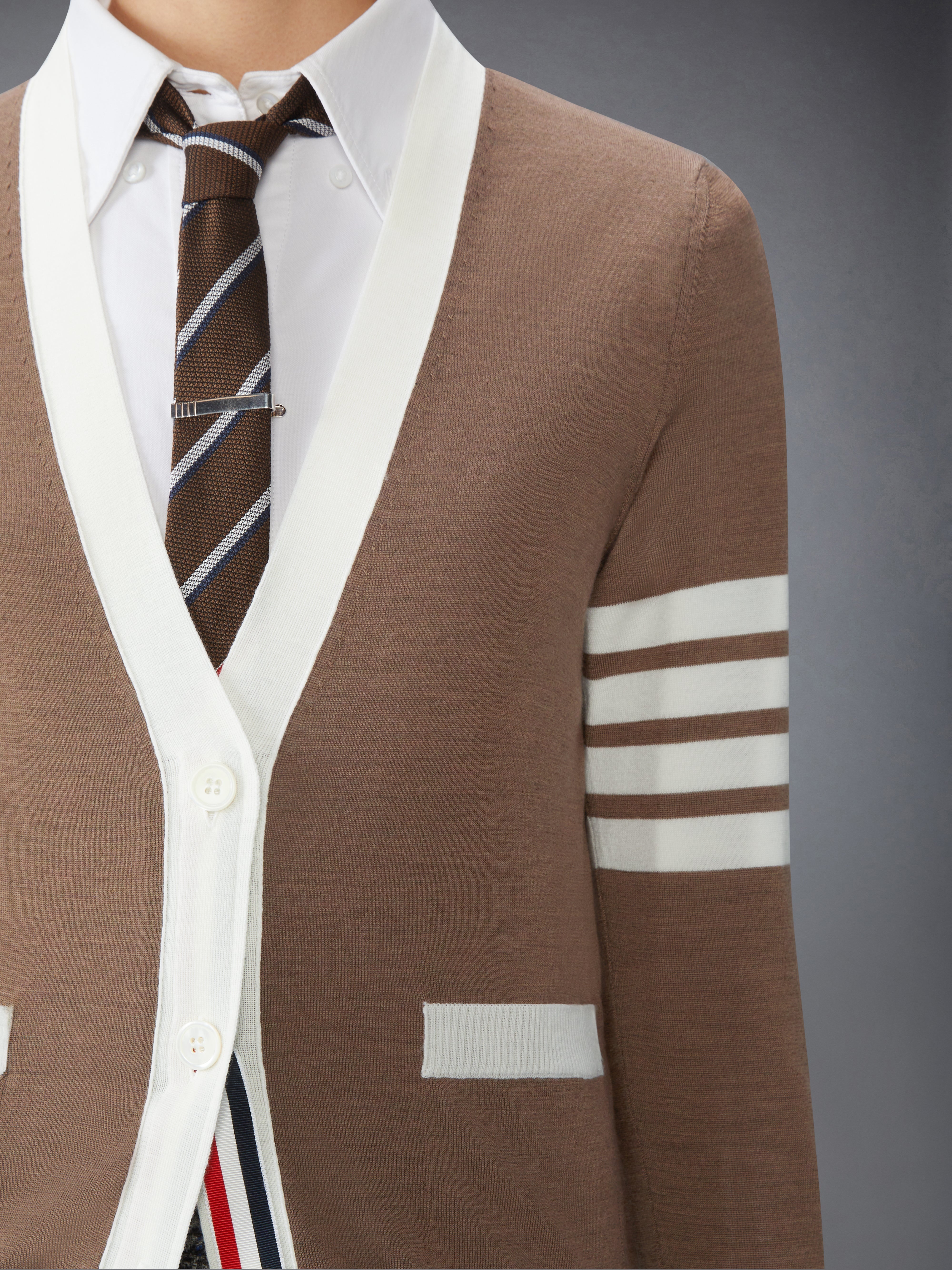FINE MERINO WOOL 4-BAR V NECK CARDIGAN - 7
