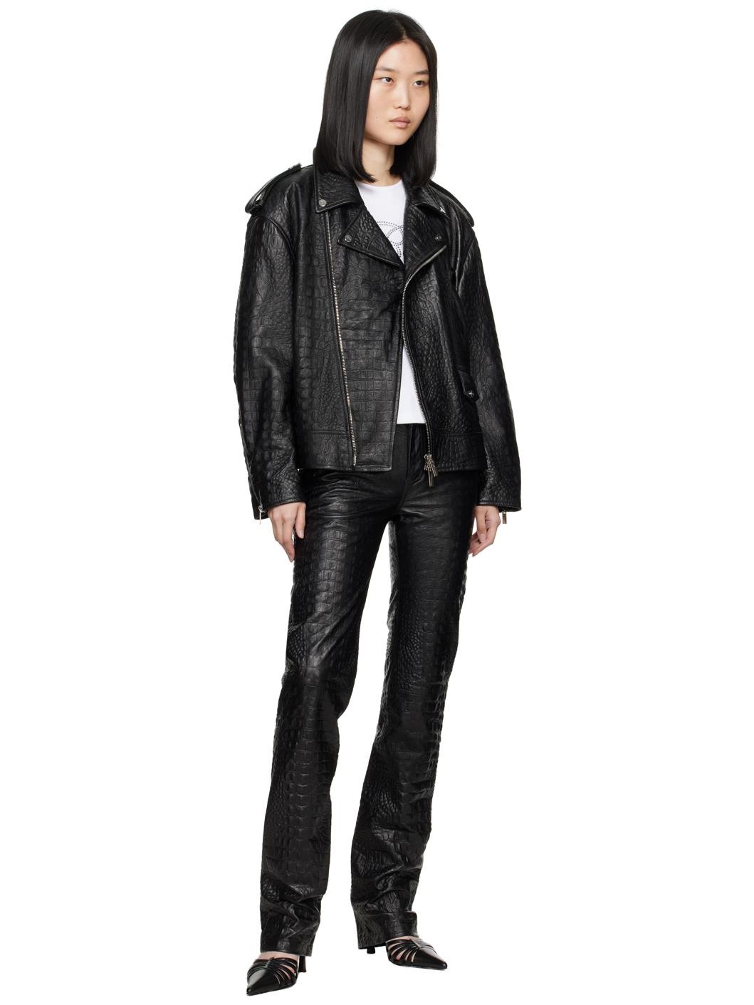 Black Crocodile-Effect Leather Jacket - 4