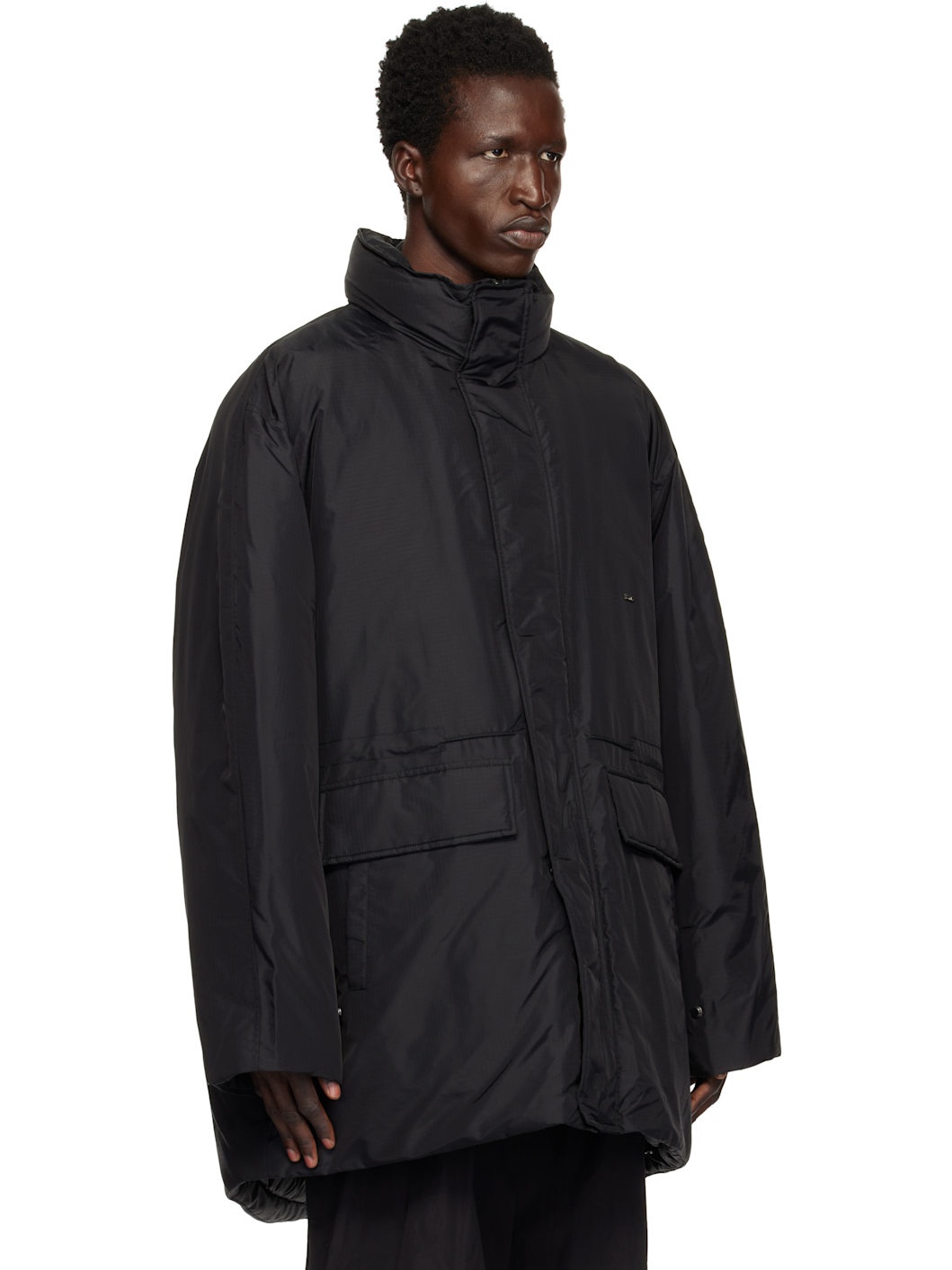 Black Funnel Neck Down Jacket - 2