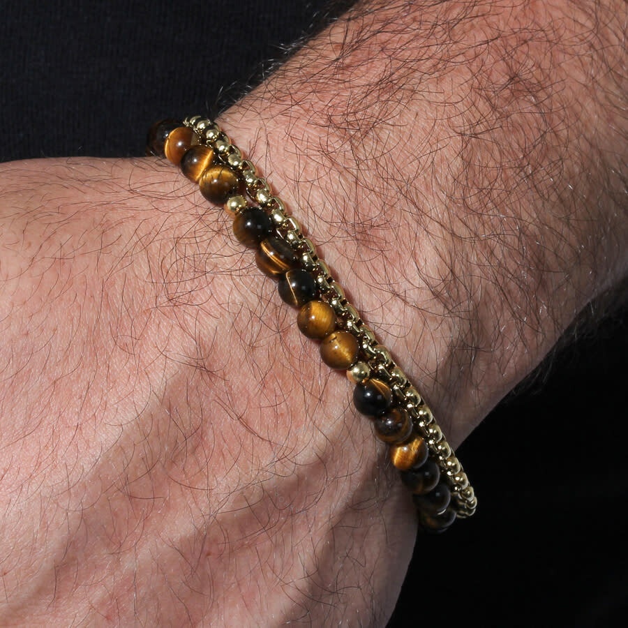 Robert Alton - Robert Alton Stainless Steel 6MM Tigers Eye Yellow Finish 3MM Box Chain Bracelet - 5