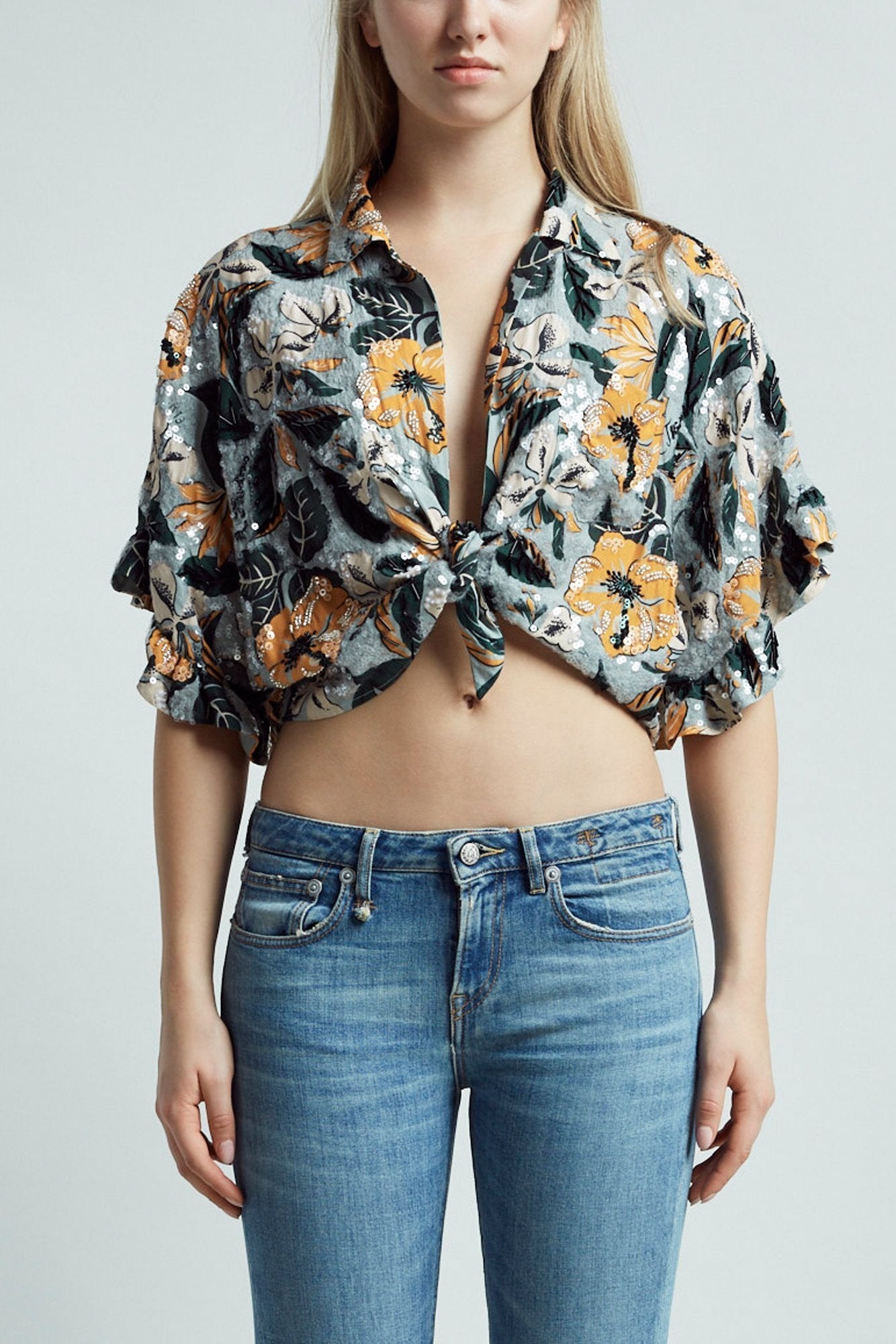 FRONT TIE HAWAIIAN SHIRT - BLUE FLORAL - 1