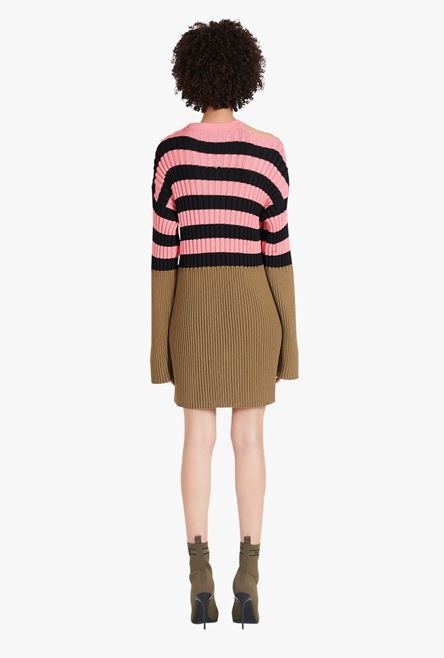 Salmon pink and black striped eco-designed wool dress - 3