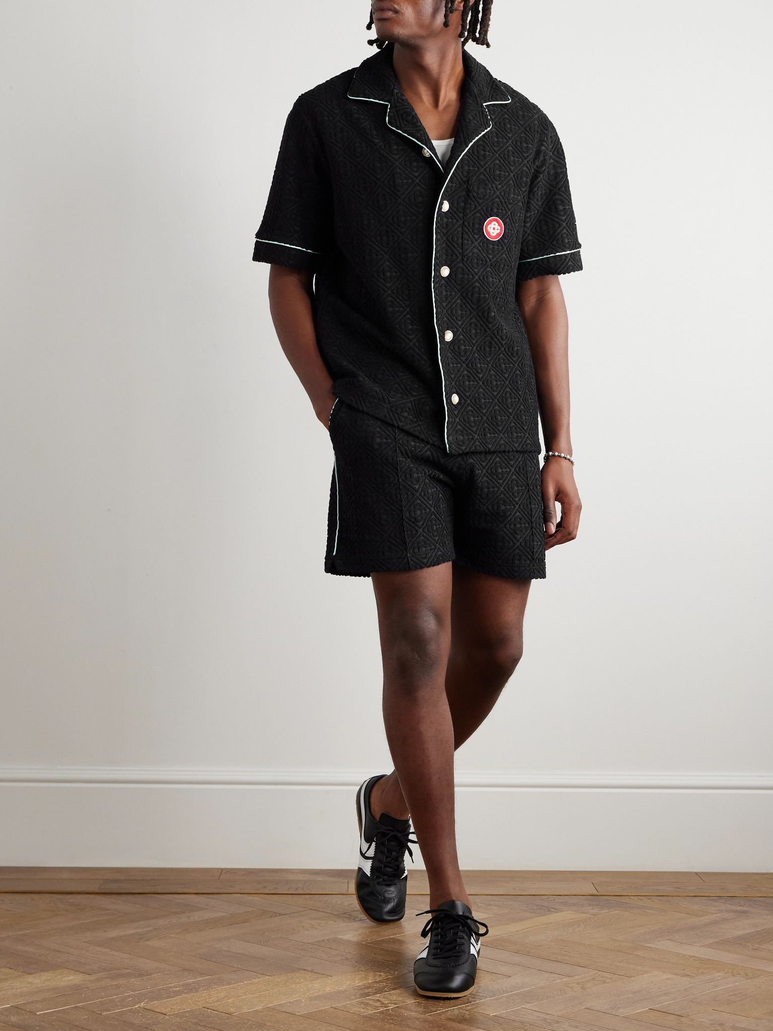 Camp-Collar Logo-Appliquéd Monogrammed Cotton-Blend Terry Jacquard Shirt Black - 2