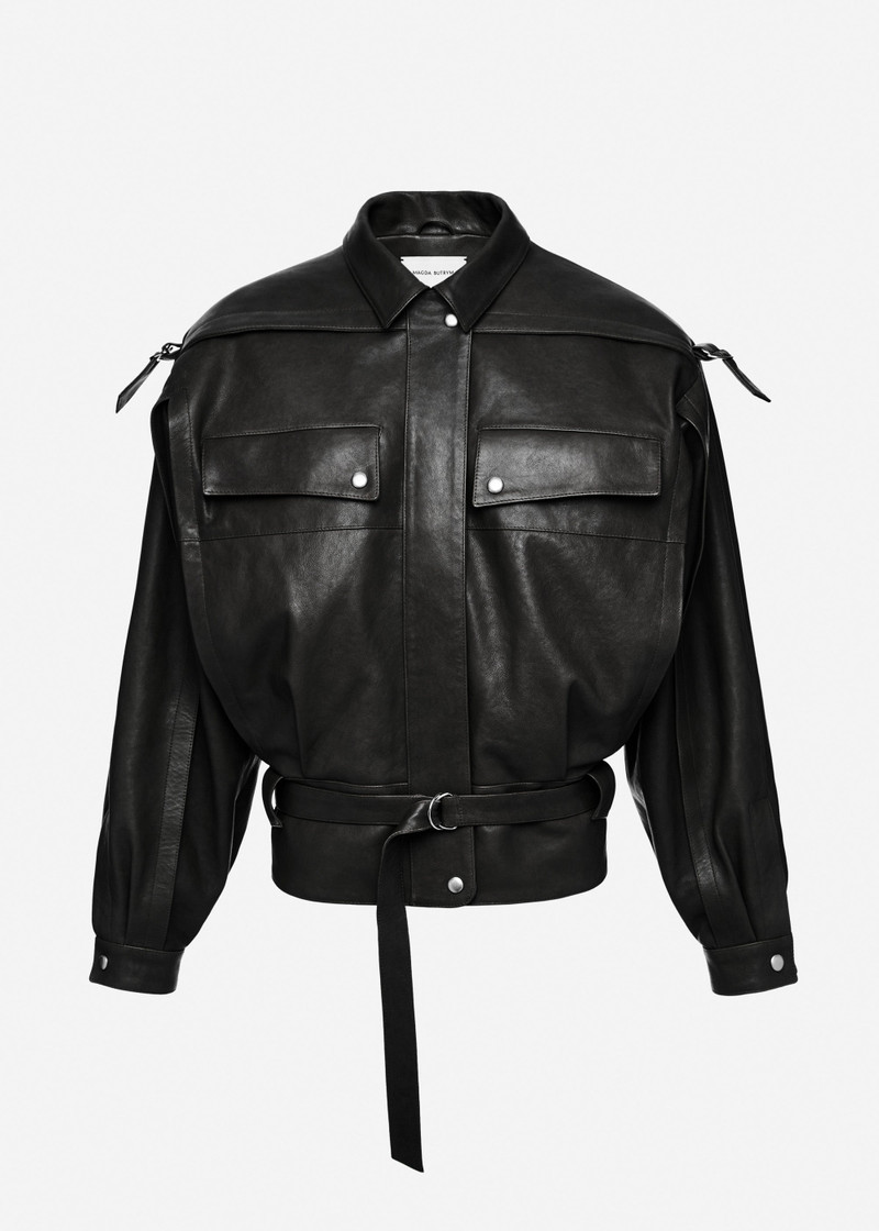 Oversized belted leather jacket in black 1
