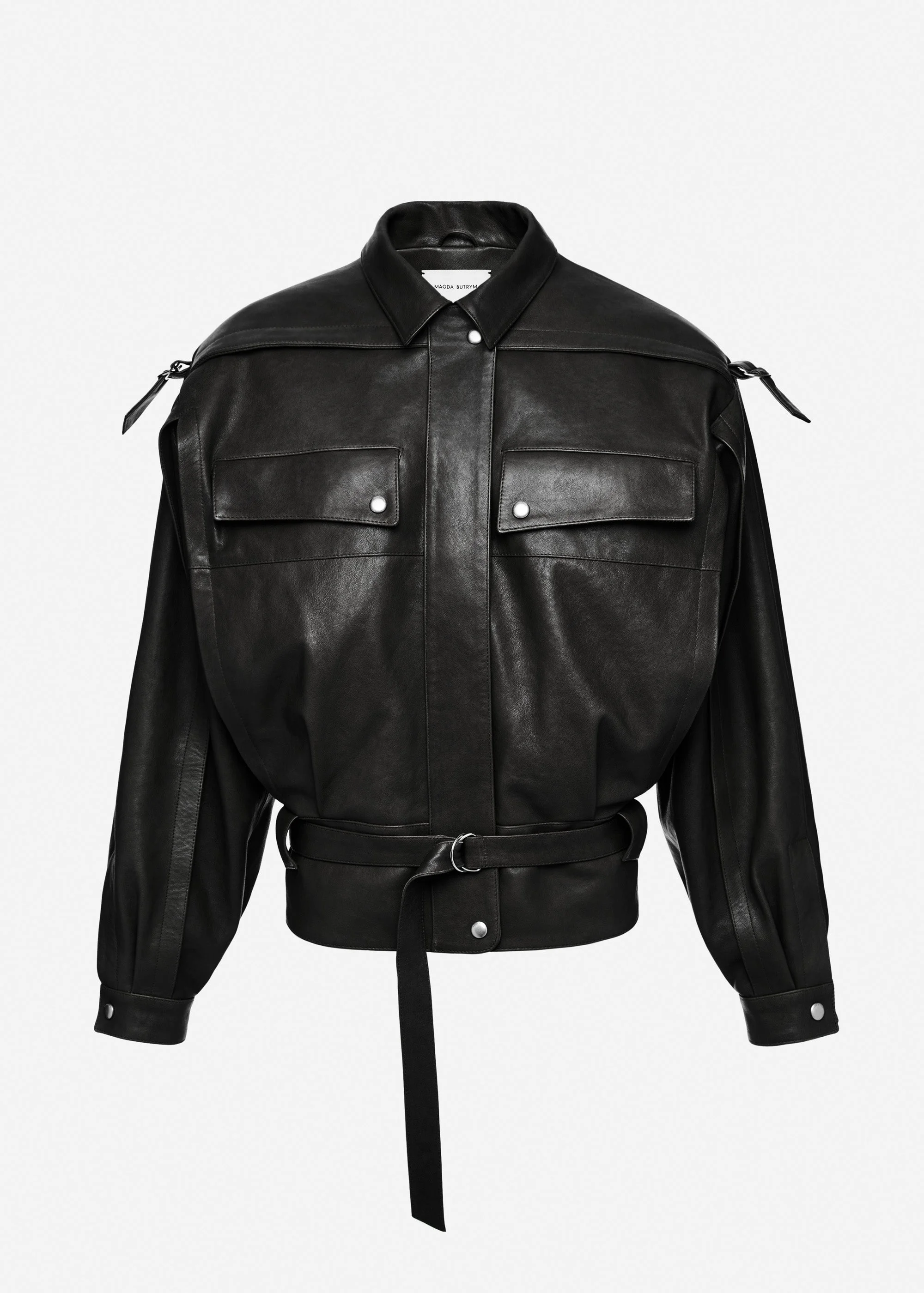 Oversized belted leather jacket in black - 1