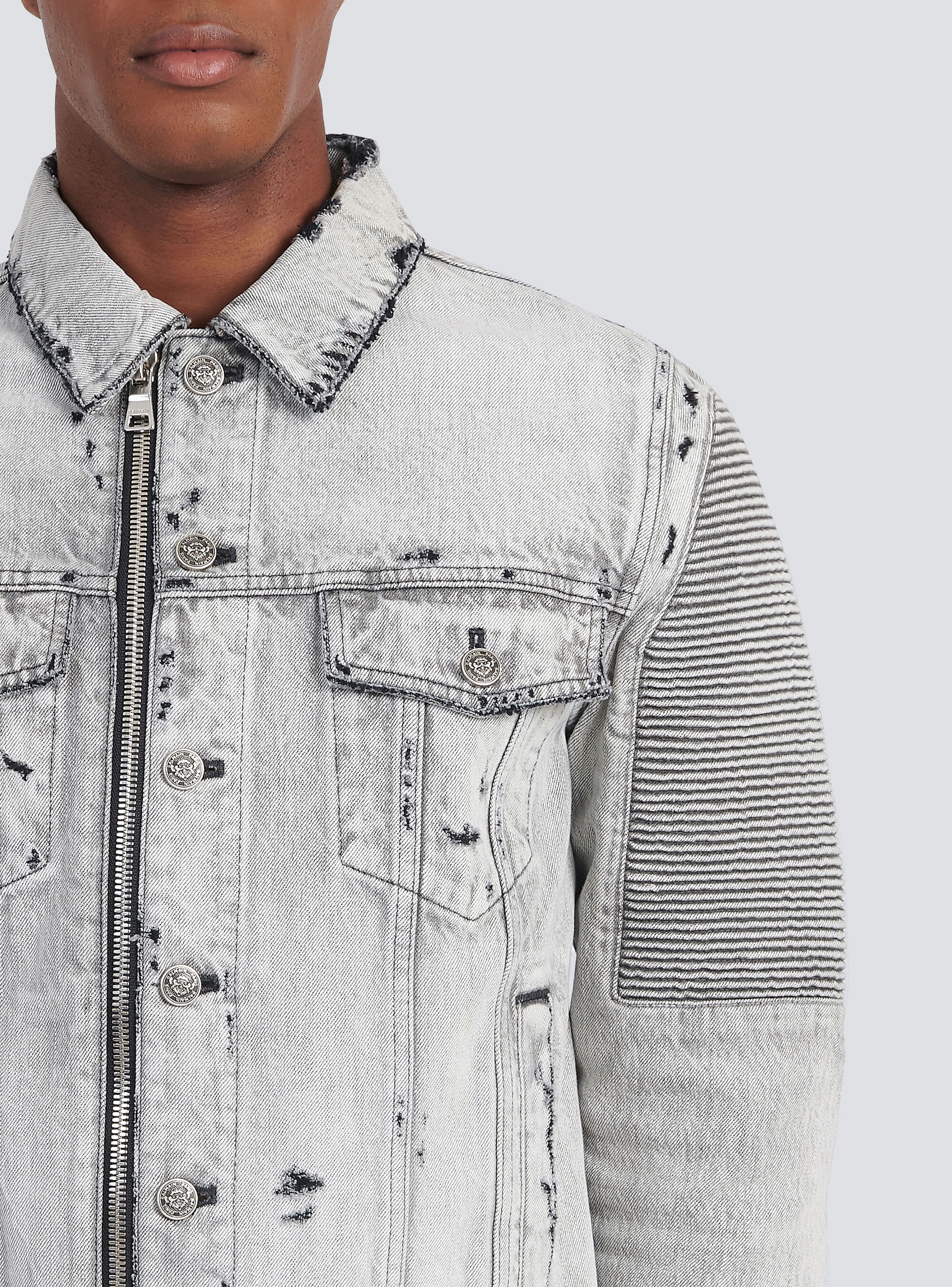 Faded and ripped jean jacket with ridged panels - 7