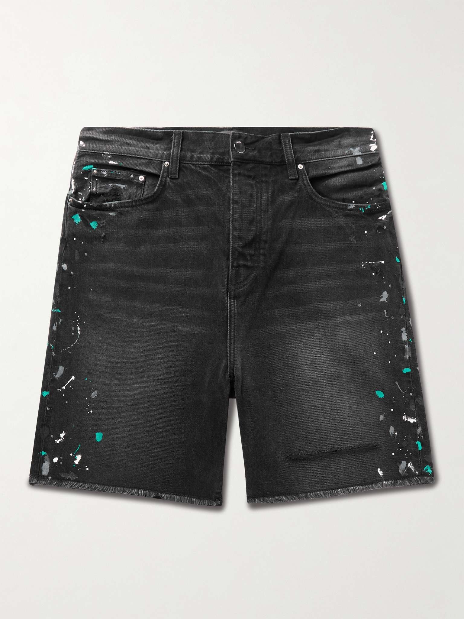 Paint-Splattered Distressed Denim Shorts - 1