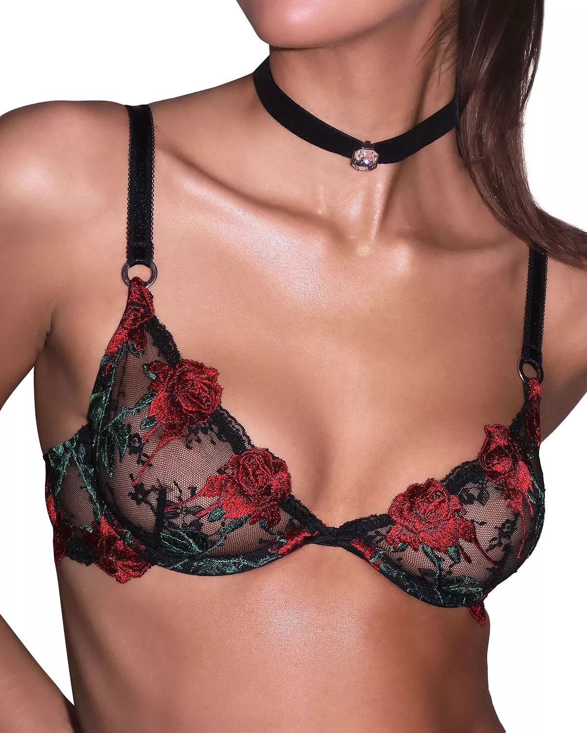 Bleeding Rose Embroidered Demi Bra - 1