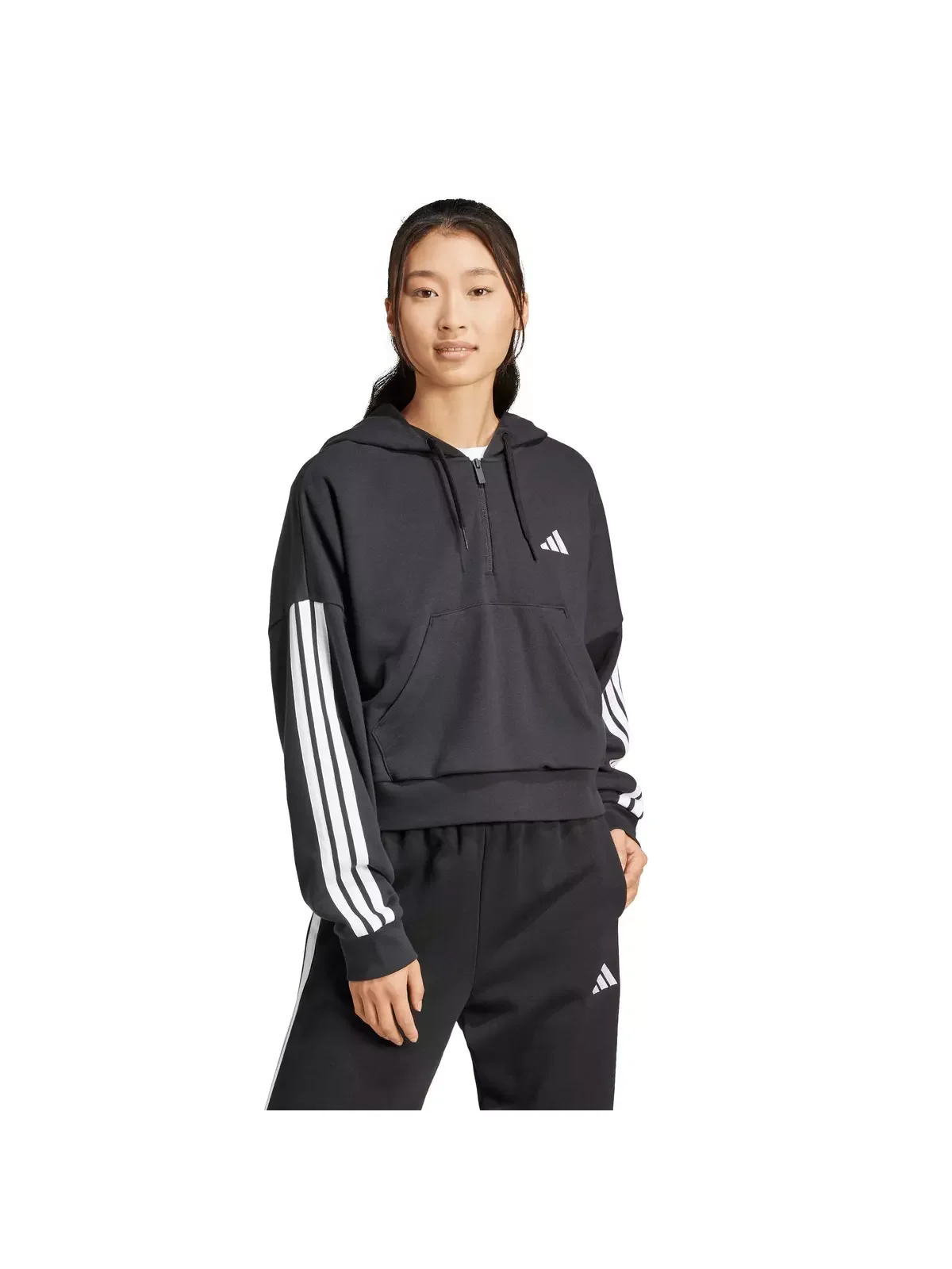 Women's Essentials 3-Stripes French Terry Quarter-Zip Hoodie -Black - 1