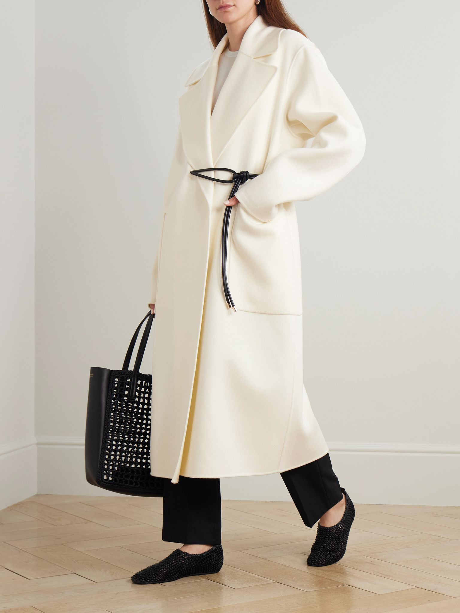 Abate leather-trimmed wool-felt coat Ecru - 2