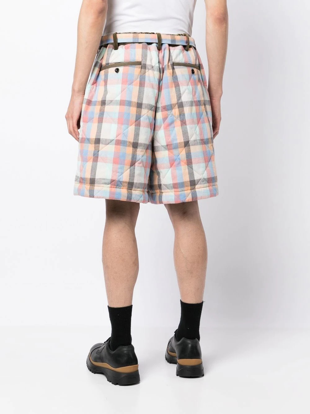 check-patter belted-waist shorts - 4