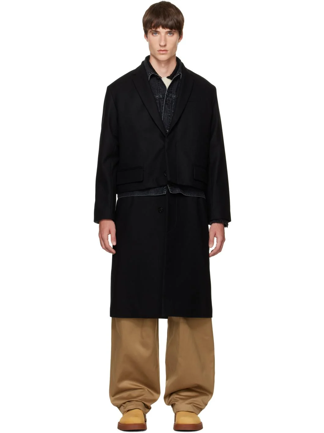 Black Wool Flannel x Denim Coat - 1
