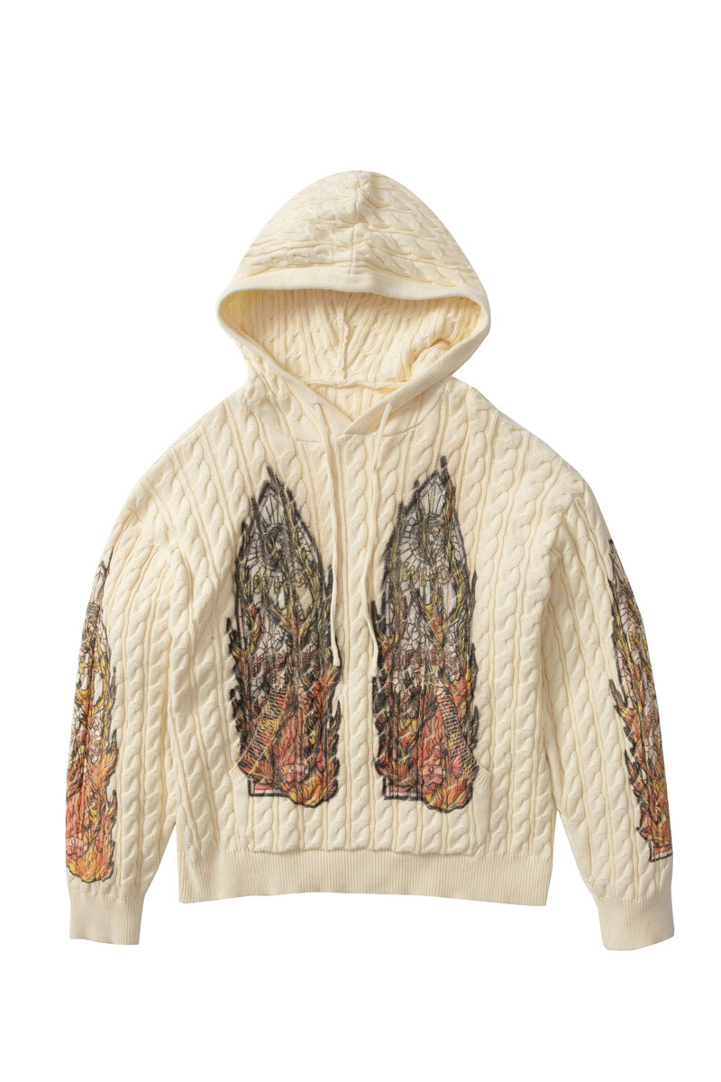 FLAME GLASS CABLE KNIT HOODED PULLOVER 1
