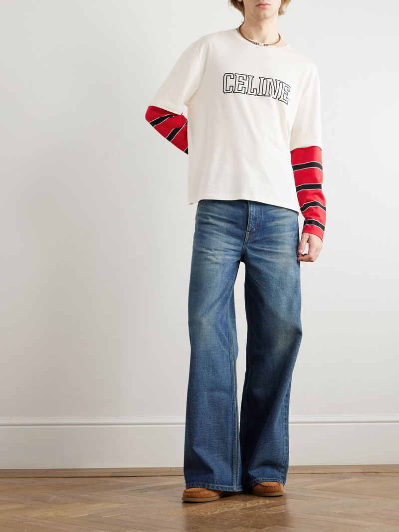 CELINE Logo-Print Layered Striped Cotton-Jersey T-Shirt Cream outlook