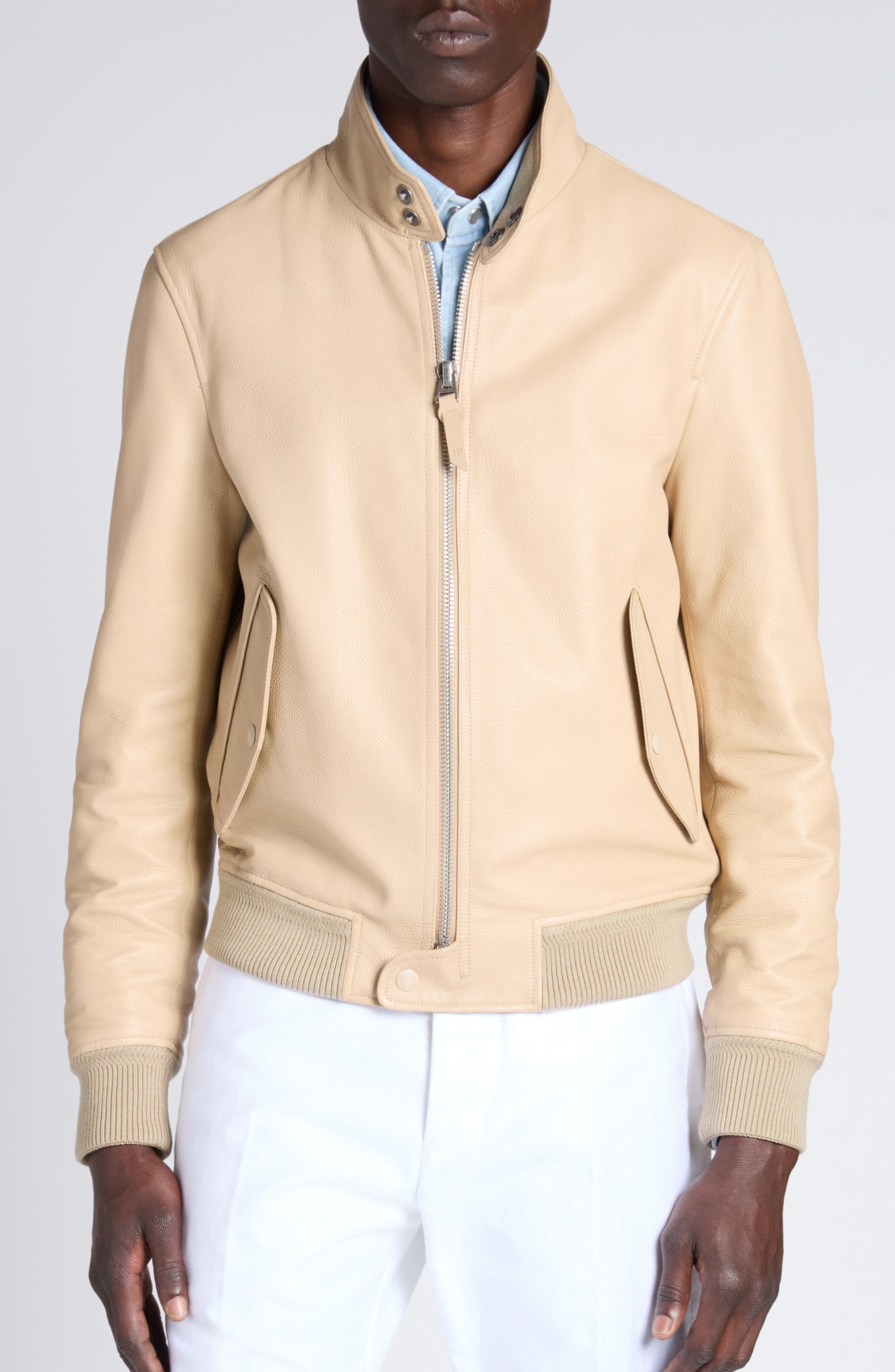 TOM FORD Tumbled Leather Harrington Jacket in Stone at Nordstrom - 5