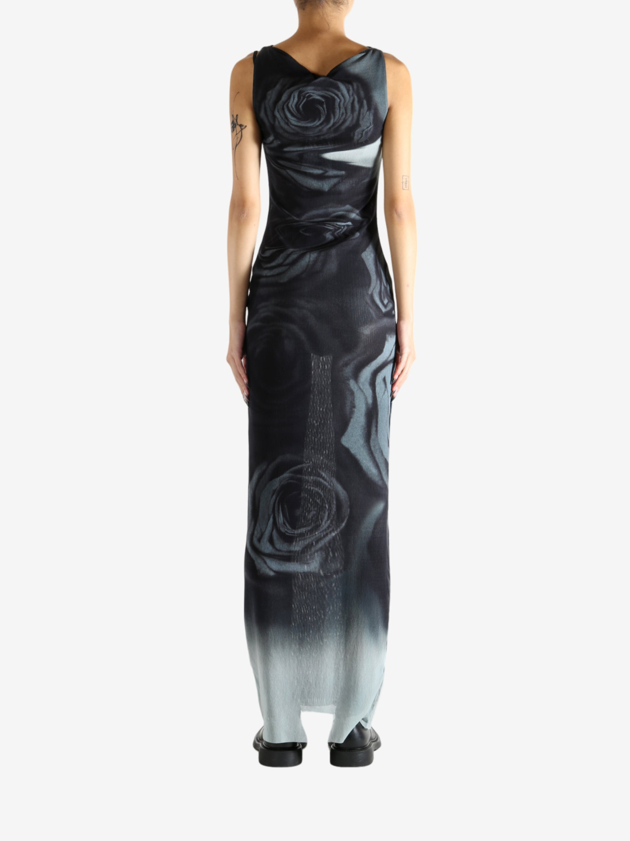 JEAN PAUL GAULTIER - Women Mesh Boat Neck Sleeveless "Blurry Roses" Long Dress - 3