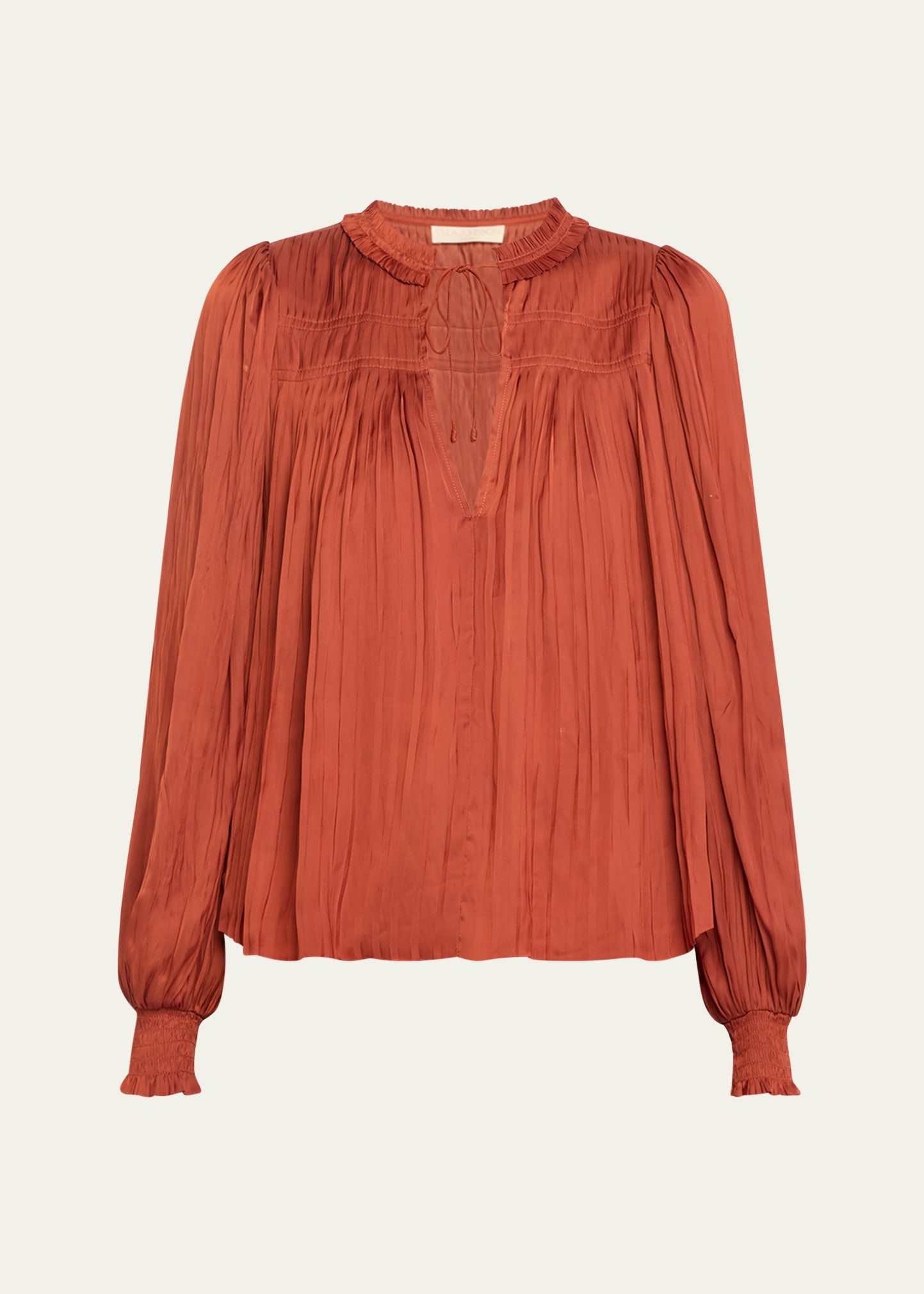 Leah Pleated Split-Neck Puff-Sleeve Blouse - 1