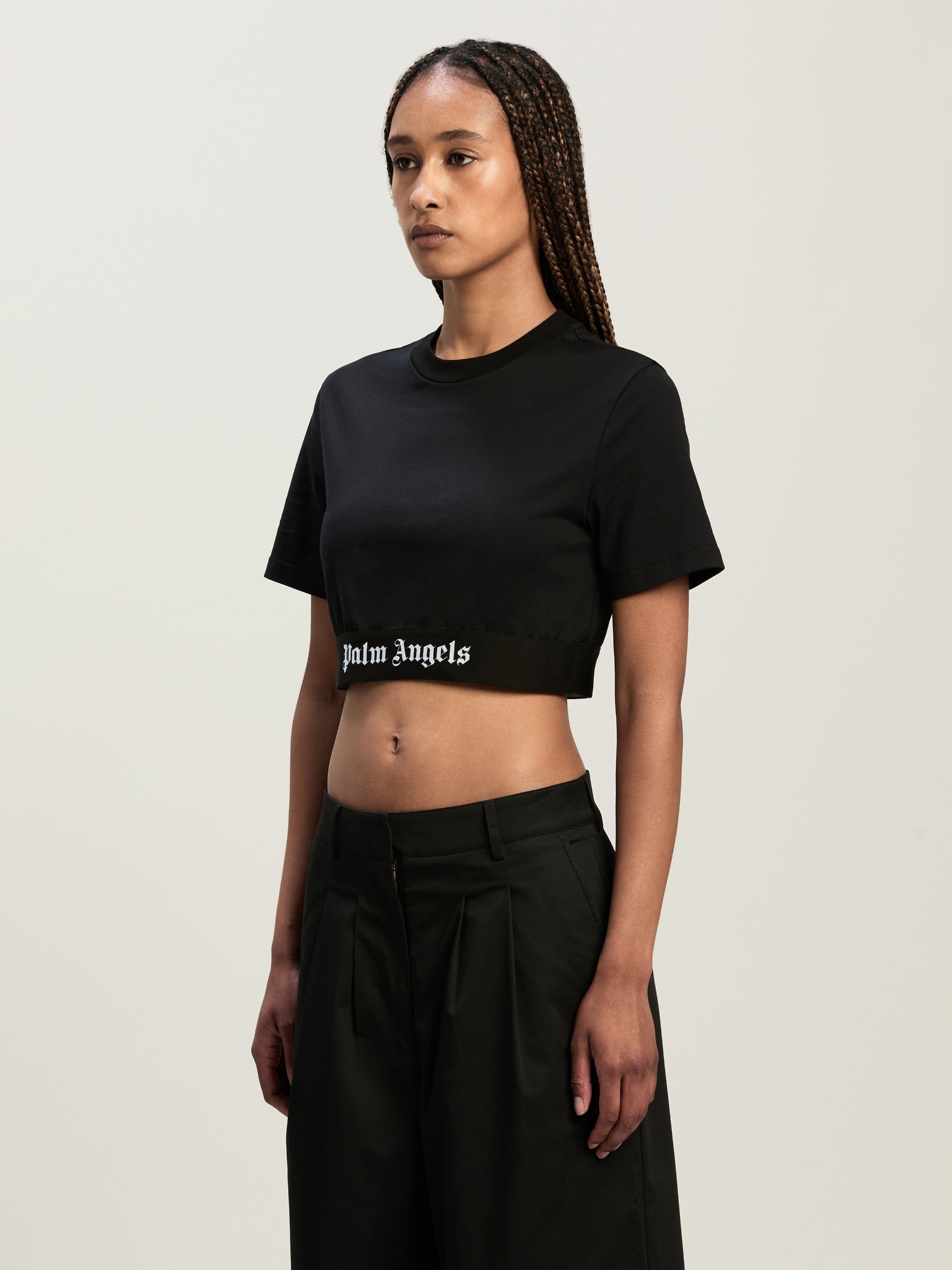 Tシャツ・カットソー Palm Angels 'Classic Logo Tape' cropped T-shirt Black Logo Tape Cropped T-shirt by Palm Angels on Sale