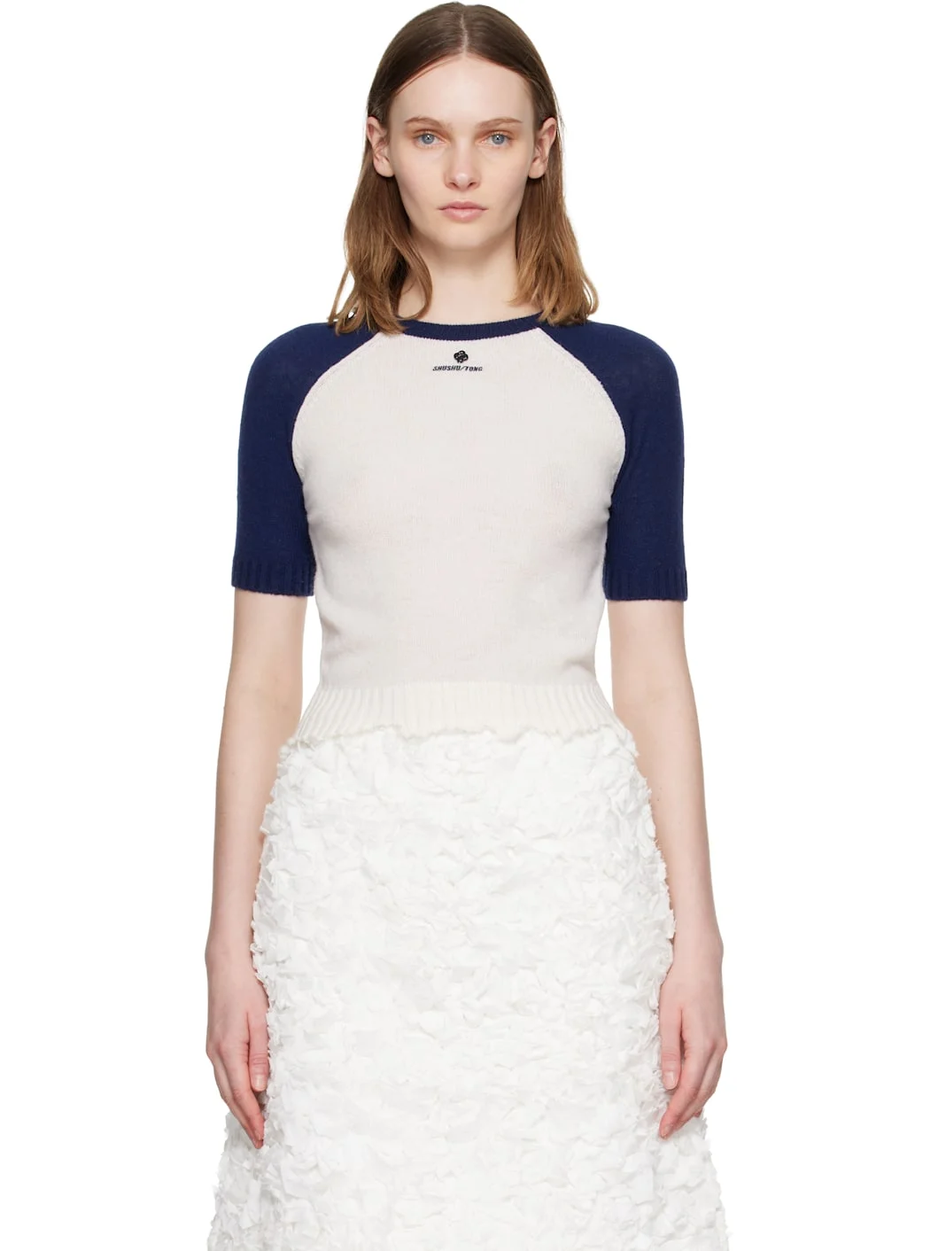White & Navy Color-Block Raw-Edge Short-Sleeve Knit Top - 1