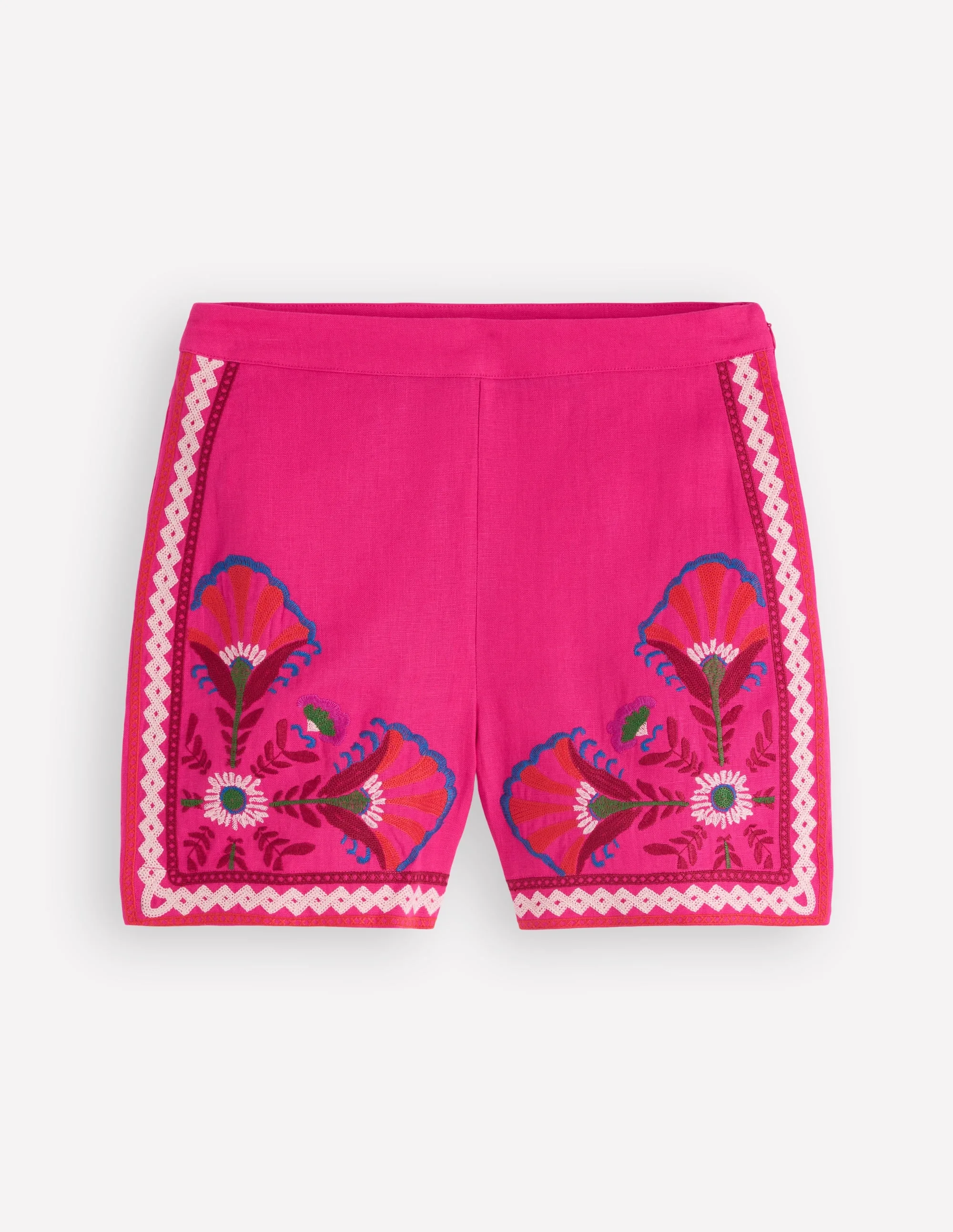 Embroidered Linen Shorts-Pink Peony, Embroidered - 1