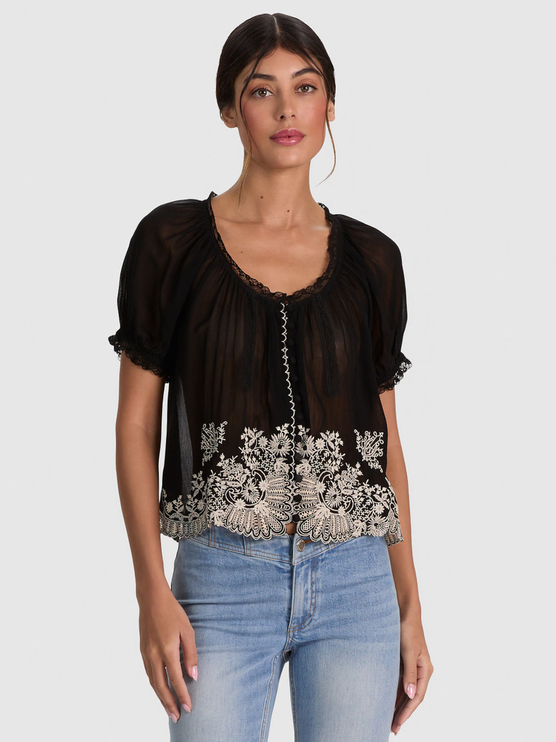 ODETTE EMRBOIDERED PUFF SLEEVE TOP - BLACK/VANILLA 2