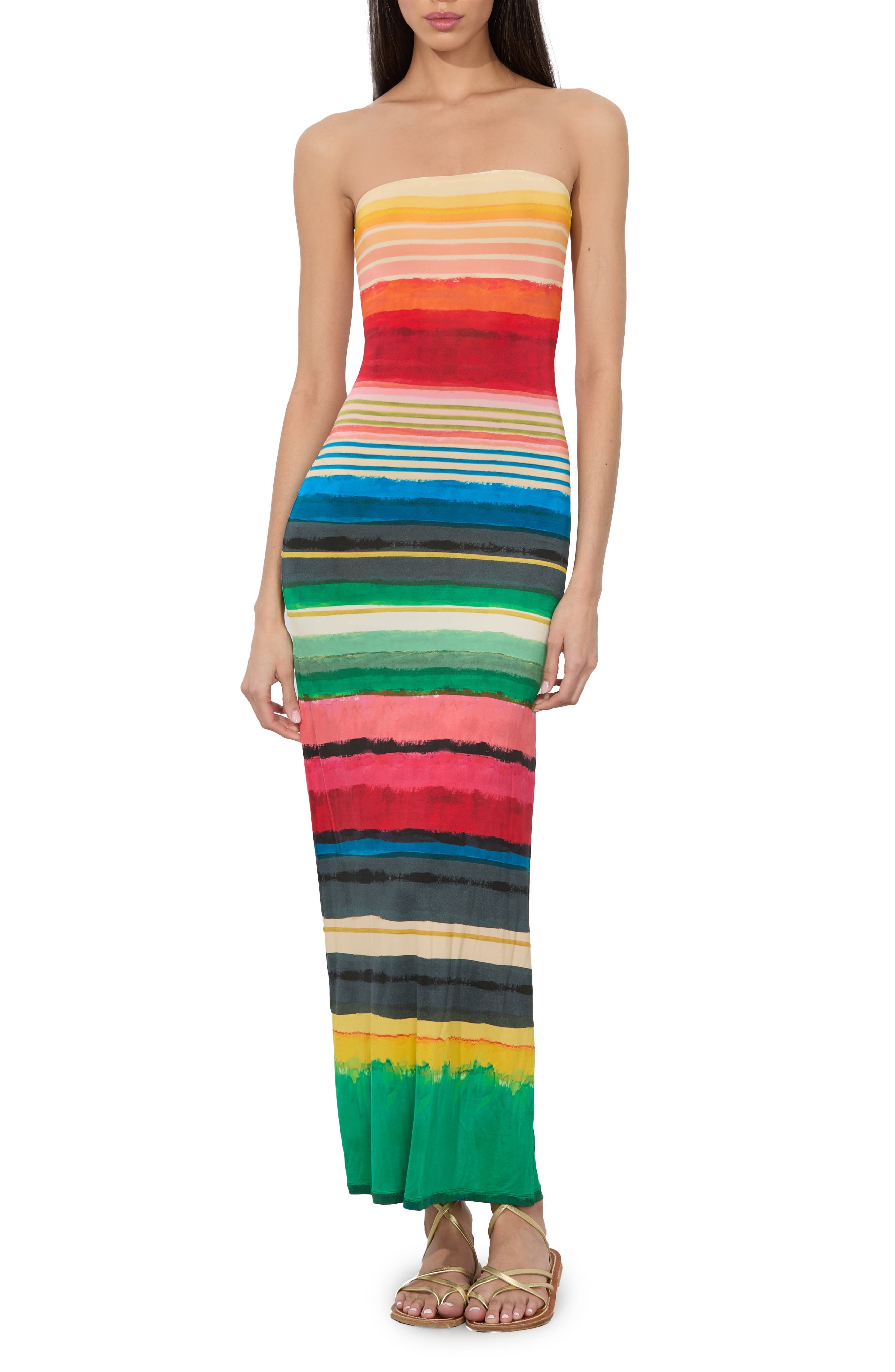 Alice + Olivia Delora Stripe Strapless Midi Dress in Rainbow Reef at Nordstrom - 1