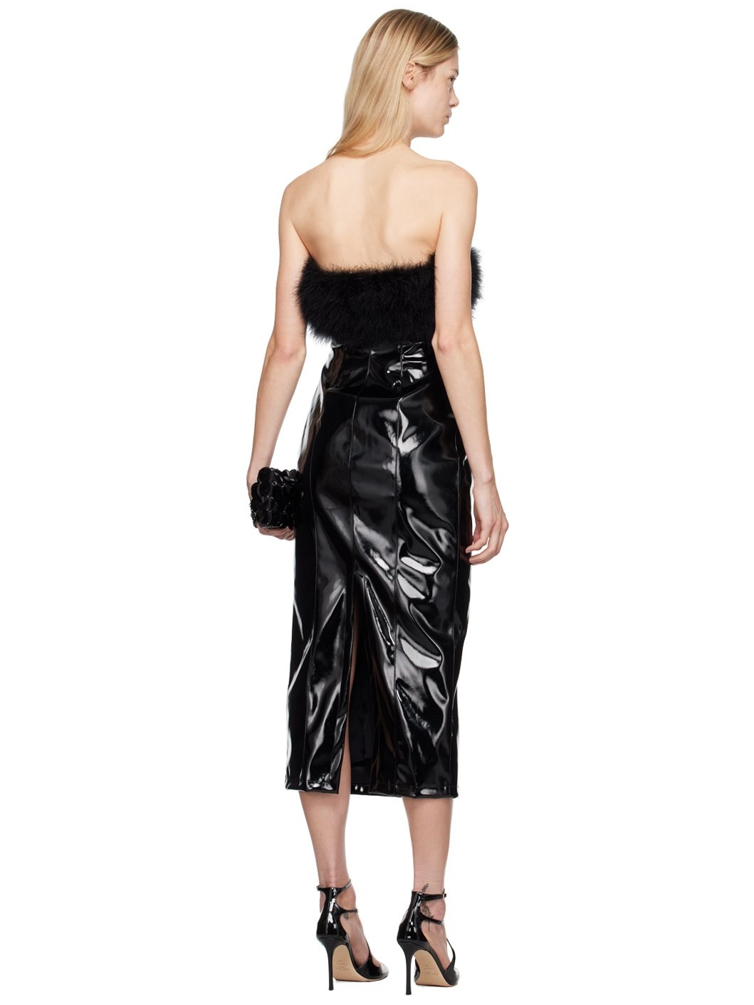 Black Marabou Feather Faux-Leather Midi Dress - 3