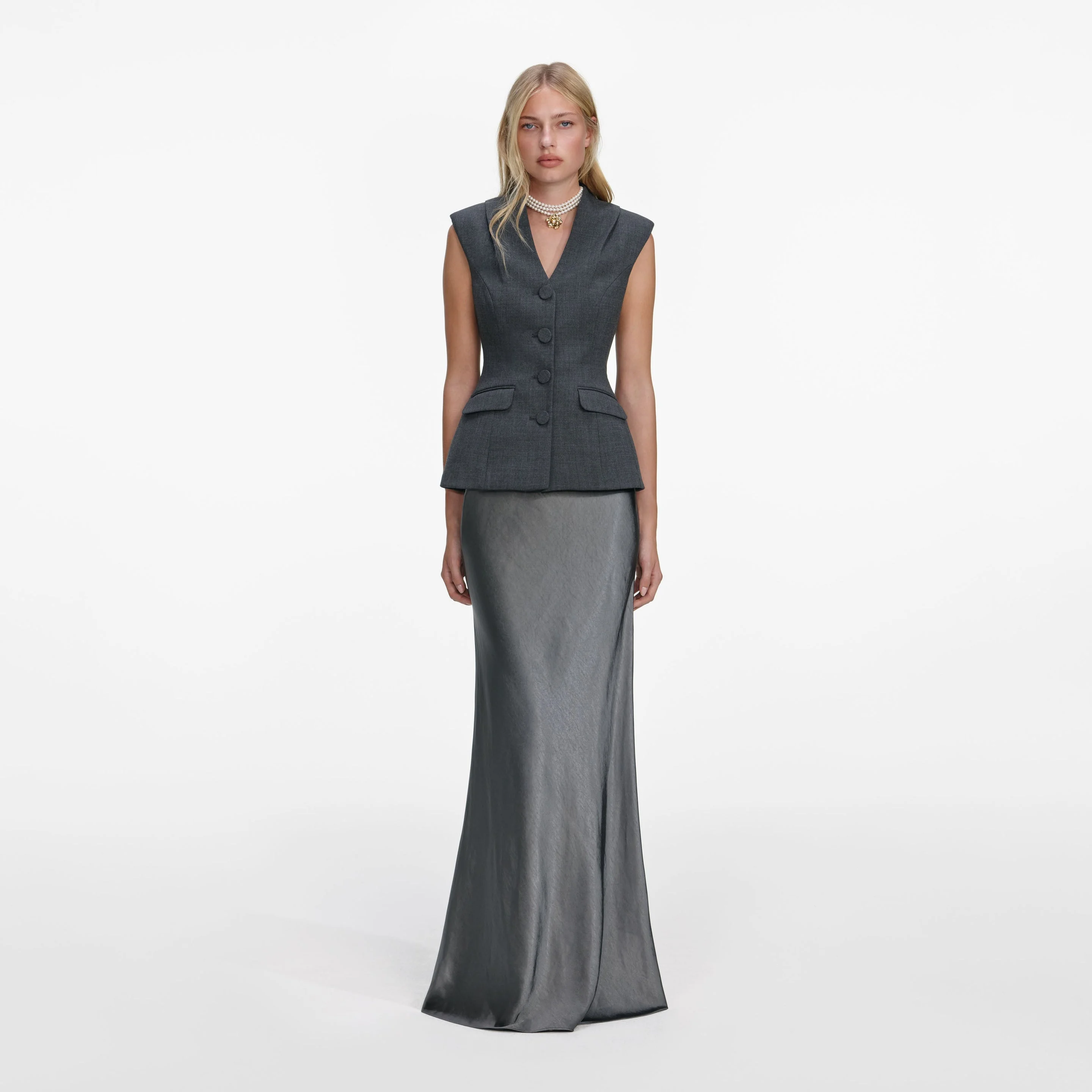 Grey Tailored Satin Maxi Dress - 1