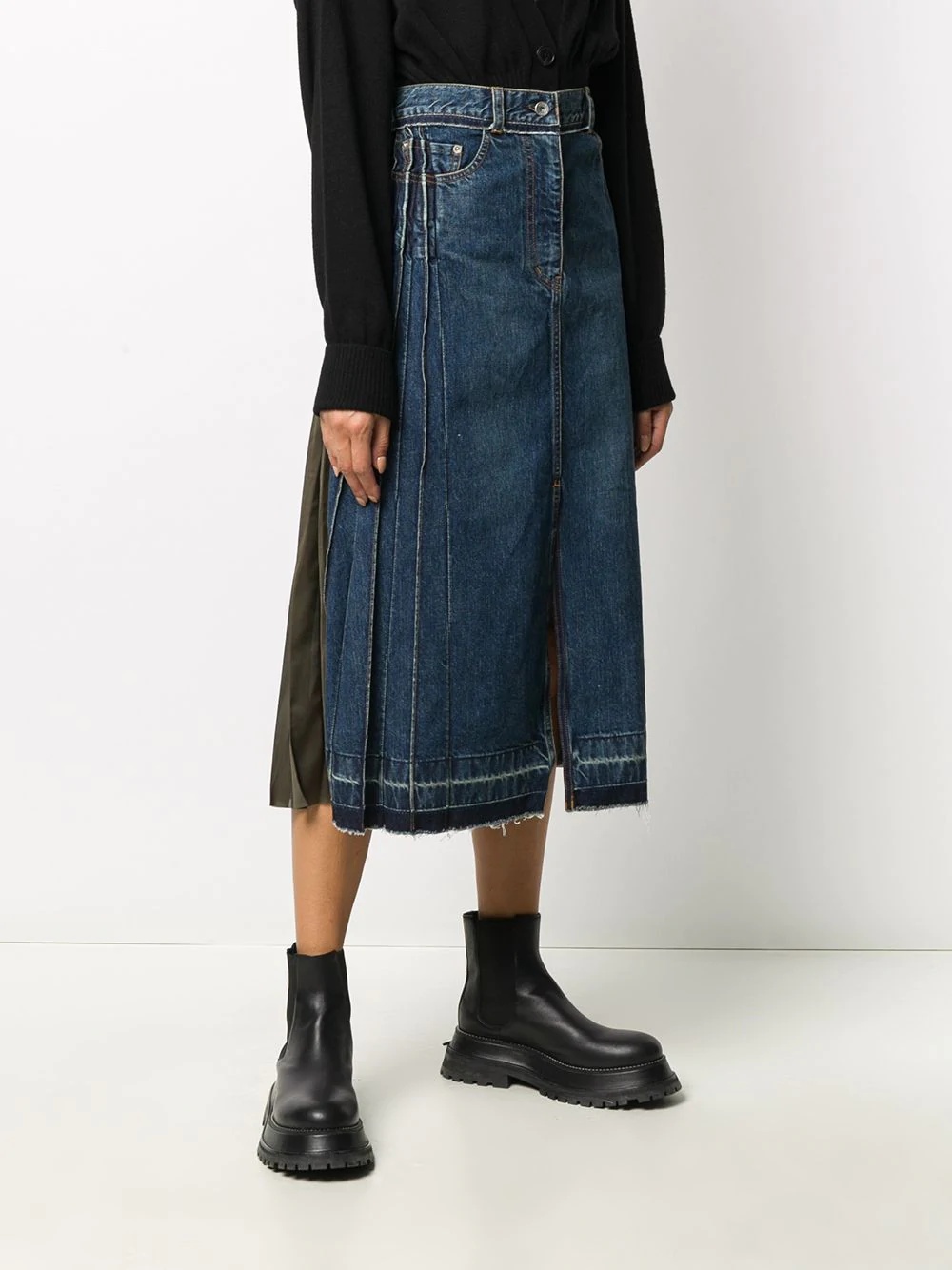 panelled denim pleated skirt - 3