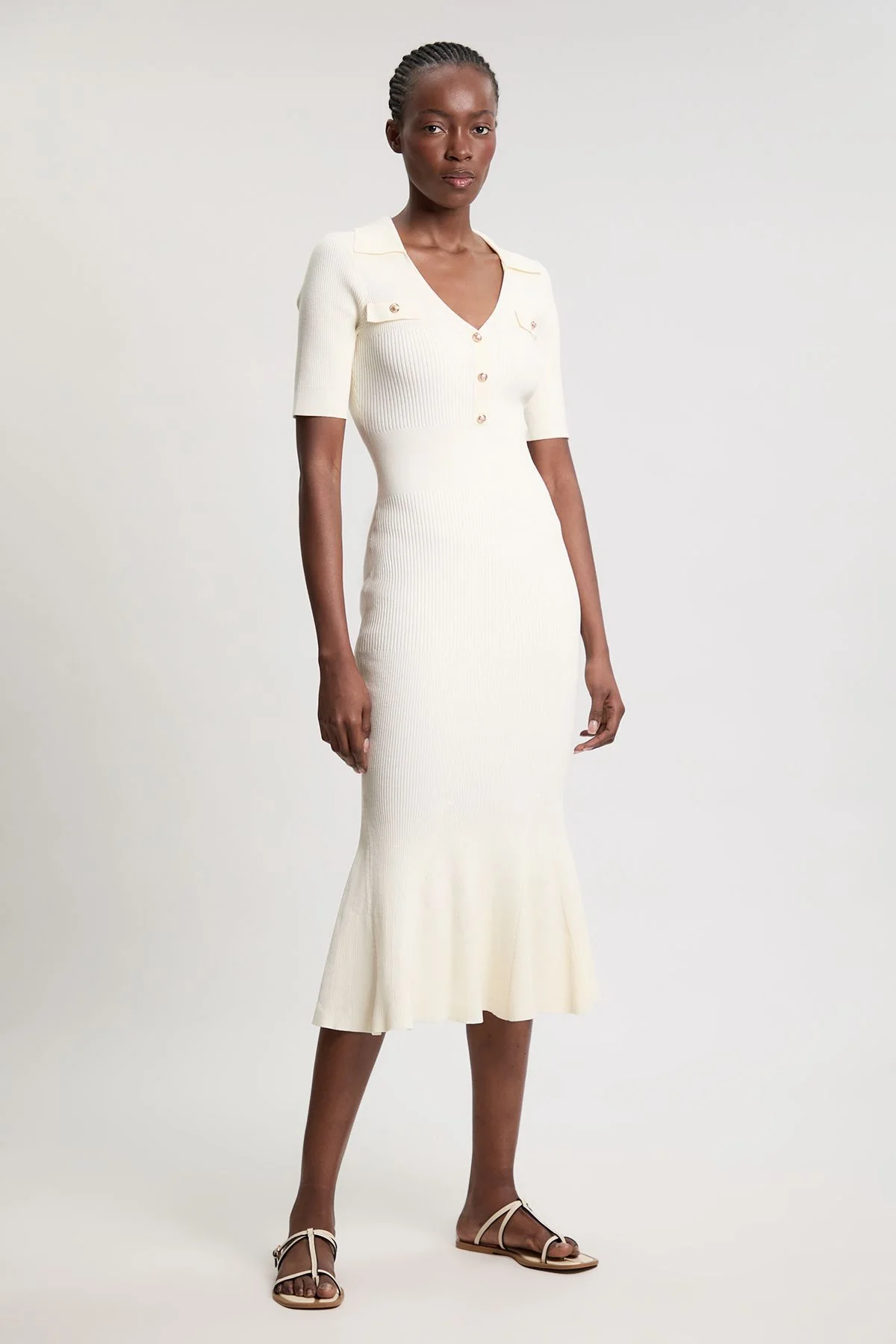 Military Trim Rib Knit Collared Maxi Dress - 1