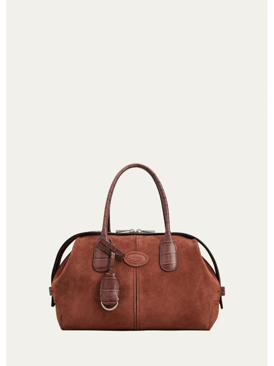Leather-Trim Suede Bowling Bag - 1