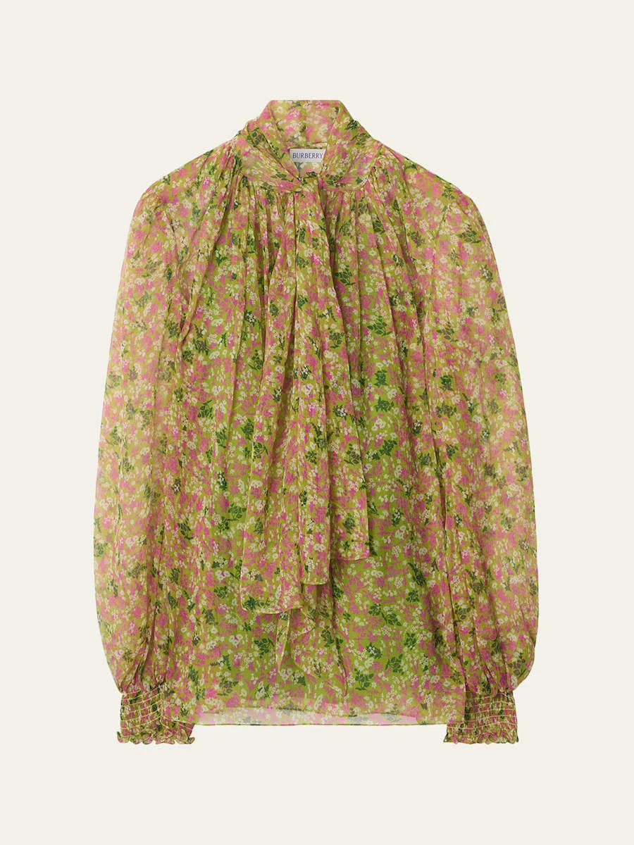 Lila Floral Silk Scarf-Tie Blouse - 1